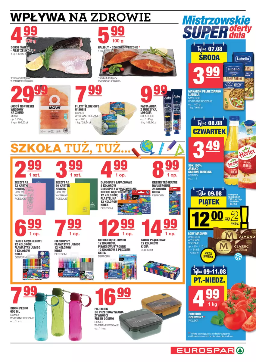 Gazetka promocyjna Spar - EuroSpar - ważna 28.07 do 07.08.2024 - strona 5 - produkty: Długopis, Fa, Flamastry, Gra, Hortex, Lisner, Lody, Makaron, Plastelina, Pojemnik, Pojemnik do przechowywania, Sok, Sos, Tuńczyk, Zdrowie