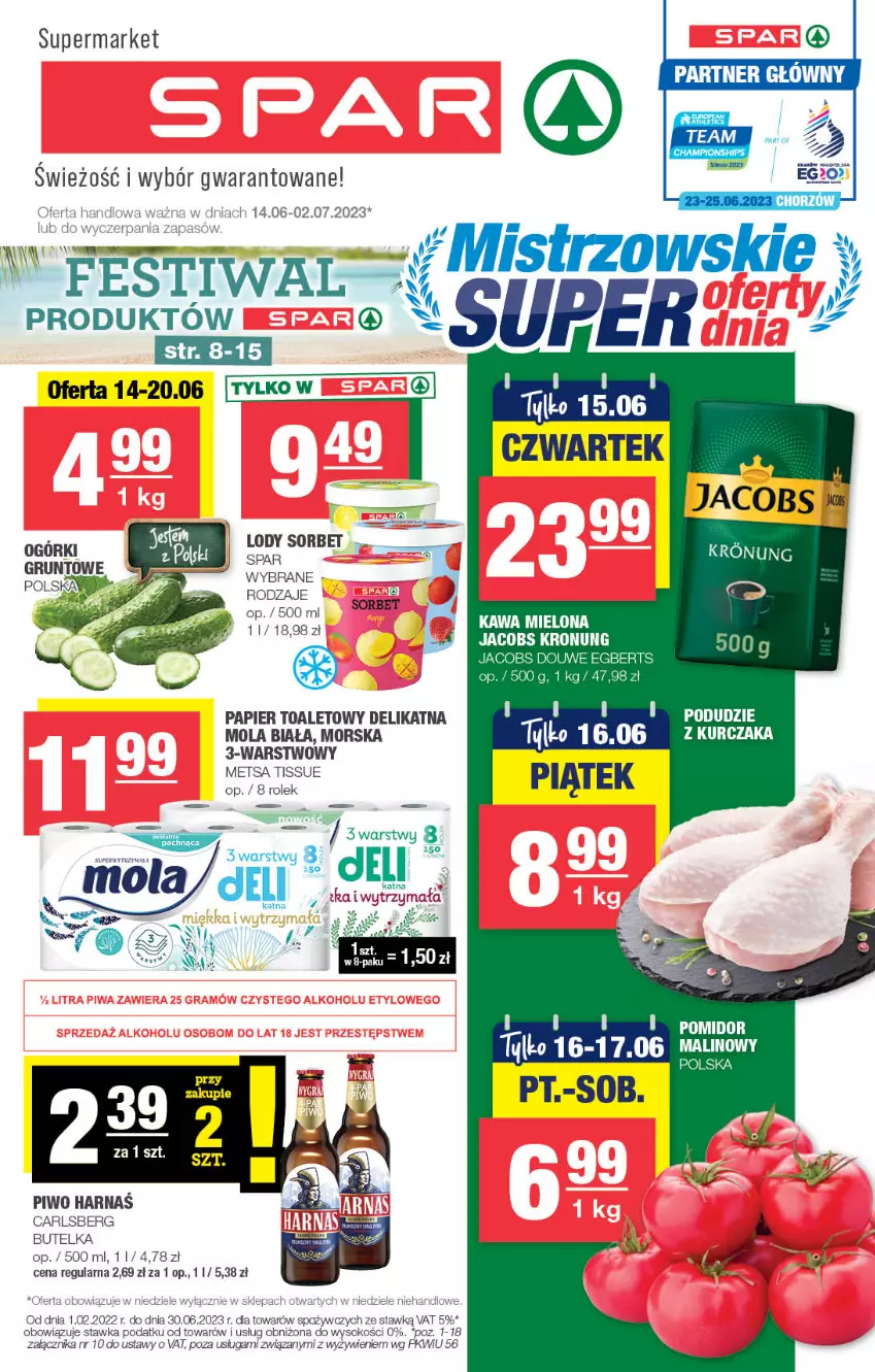 Gazetka promocyjna Spar - Spar - ważna 11.06 do 21.06.2023 - strona 1 - produkty: Carlsberg, Grunt, Jacobs, Kurczak, Lody, Mola, Papier, Papier toaletowy, Piwo, Sok