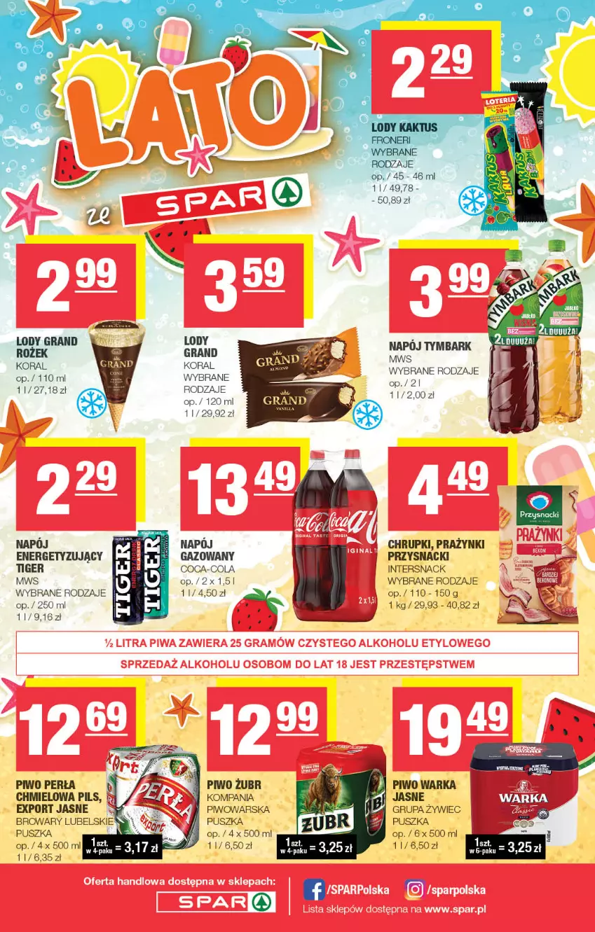 Gazetka promocyjna Spar - Spar - ważna 11.06 do 21.06.2023 - strona 16 - produkty: Chrupki, Coca-Cola, Gra, Lody, Napój, Perła, Piwo, Por, Przysnacki, Tiger, Tymbark, Warka