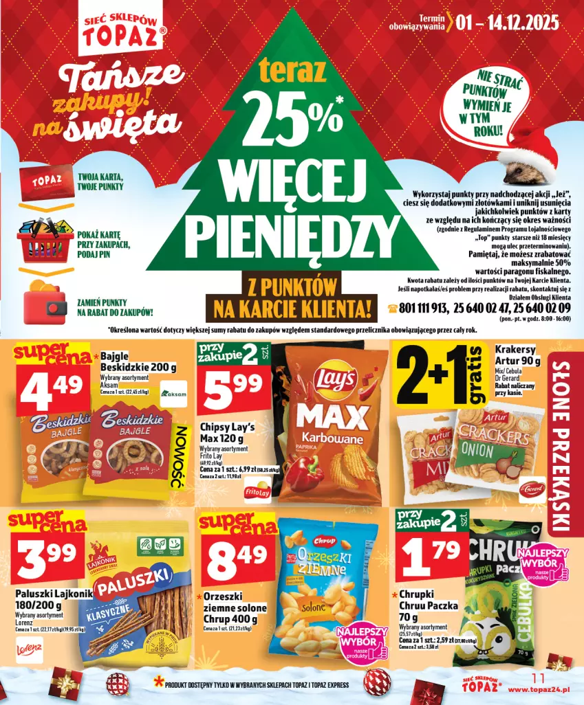 Gazetka promocyjna Topaz - Gazetka - ważna 11.12 do 17.12.2025 - strona 11 - produkty: Aksam, Bajgle, Beskidzki, Chipsy, Chrupki, Gra, Krakersy, Mięta, NBA, Orzeszki, Top