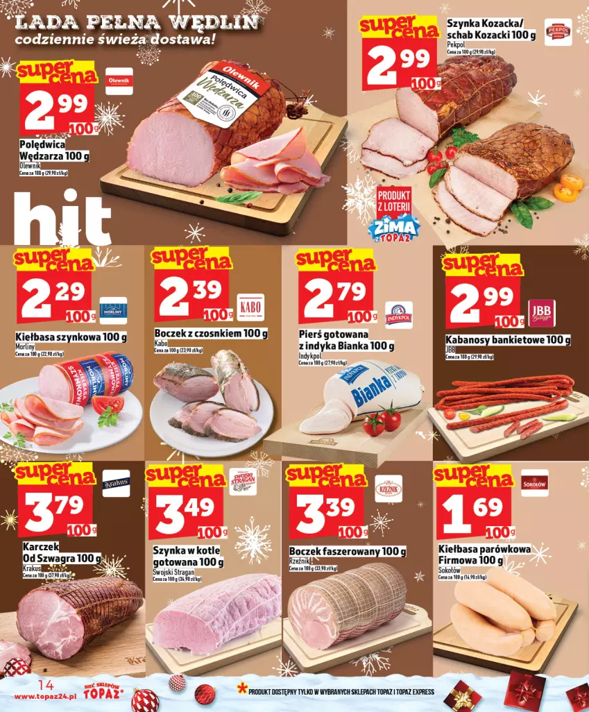 Gazetka promocyjna Topaz - Gazetka - ważna 11.12 do 17.12.2025 - strona 14 - produkty: Bianka, Gra, Kiełbasa, Kiełbasa szynkowa, Krakus, Maliny, Morliny, Pekpol, Polędwica, Sok, Sokołów, Szynka