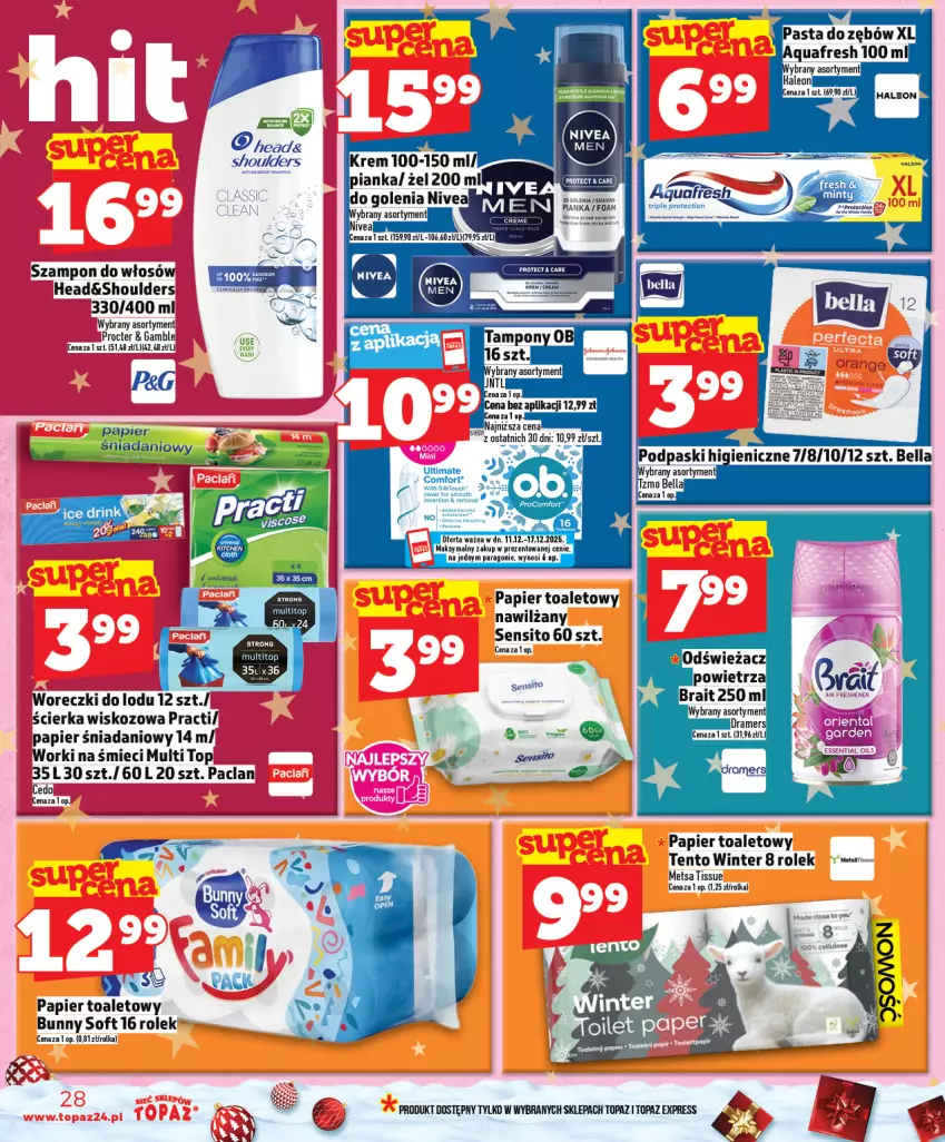 Gazetka promocyjna Topaz - Gazetka - ważna 11.12 do 17.12.2025 - strona 28 - produkty: Aquafresh, Danio, Papier, Papier toaletowy, Por, Sito, Szampon, Top, Woreczki do lodu, Worki na śmiec, Worki na śmieci