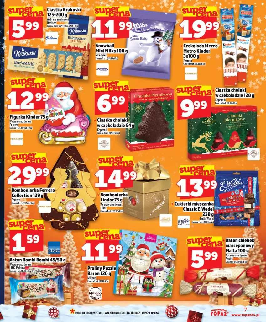 Gazetka promocyjna Topaz - Gazetka - ważna 11.12 do 17.12.2025 - strona 7 - produkty: Baton, Chleb, Ciastka, Czekolada, Ferrero, Kinder, Krakus, Krakuski, Lindor, Metro, Milka, Praliny, Top