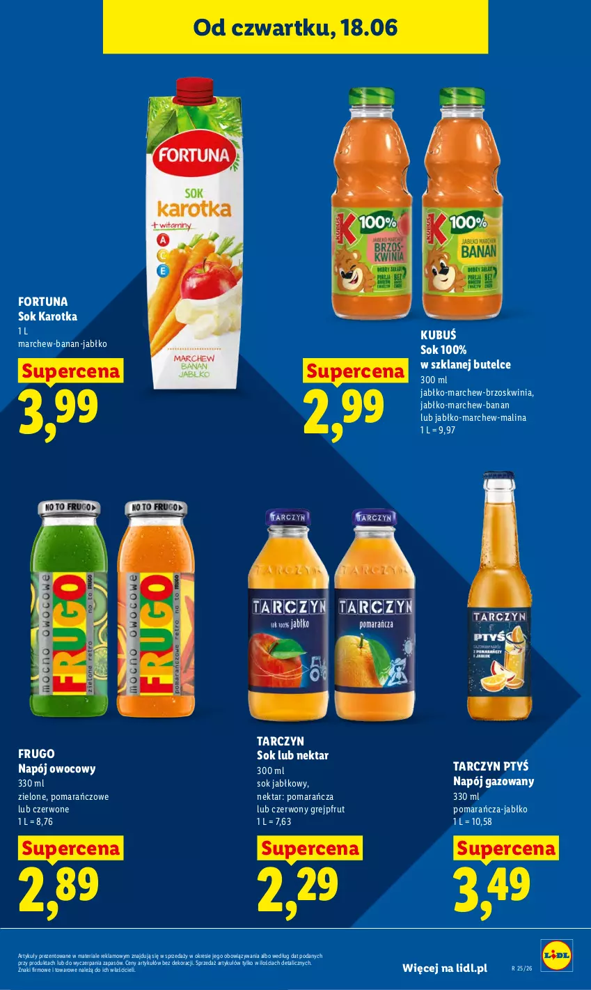 Gazetka promocyjna Lidl - Gazetka ważna od 18.06 do 20.06 - ważna 18.06 do 20.06.2026 - strona 71 - produkty: Fortuna, Grejpfrut, Kubuś, Napój, Napój gazowany, Nektar, Sok, Sok jabłkowy