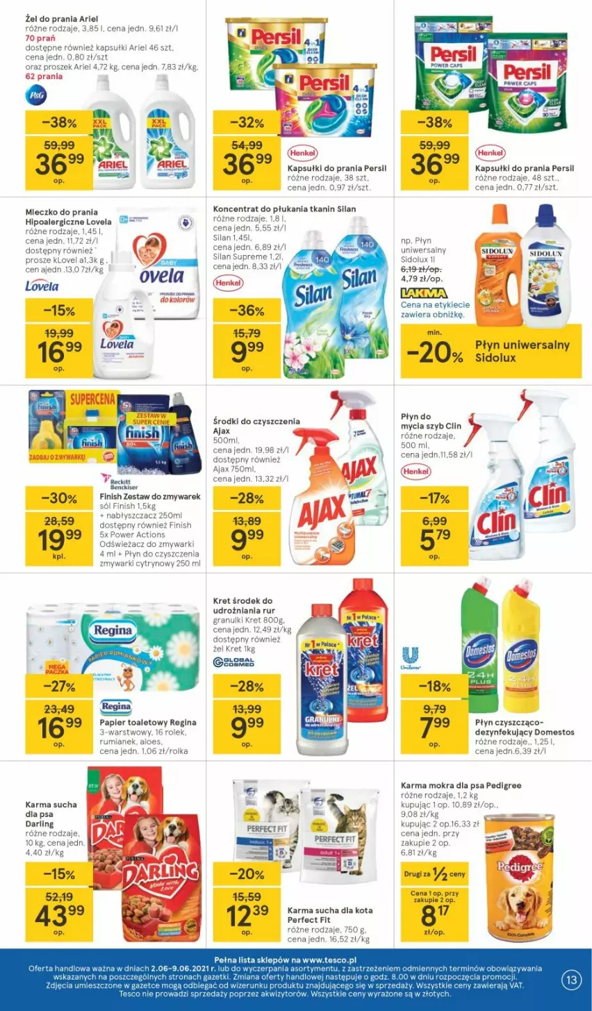 Gazetka promocyjna Tesco - Tesco gazetka - przyszły tydzień - ważna 02.06 do 09.06.2021 - strona 13 - produkty: Ajax, Ariel, Clin, Domestos, Finish, Gra, Kapsułki do prania, Kret, Odświeżacz do zmywarki, Pedigree, Persil, Płyn do mycia, Rum, Sidolux, Silan, Sól, Zmywarki