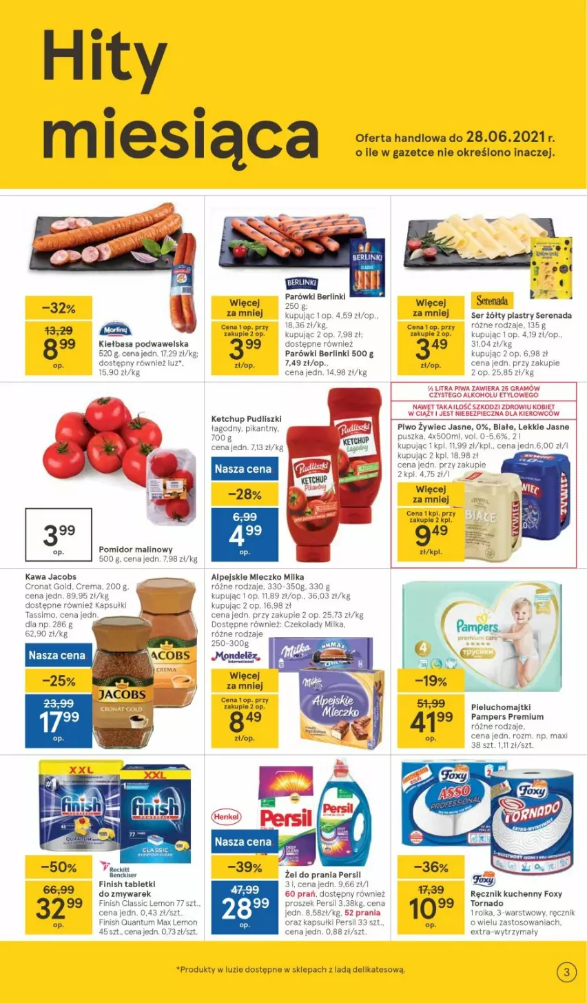 Gazetka promocyjna Tesco - Tesco gazetka - przyszły tydzień - ważna 02.06 do 09.06.2021 - strona 3 - produkty: Berlinki, Finish, Foxy, Gra, Jacobs, Kawa, Ketchup, Milka, Parówki, Persil, Piwa, Piwo, Pomidor malinowy, Pudliszki, Ręcznik, Ser, Tassimo