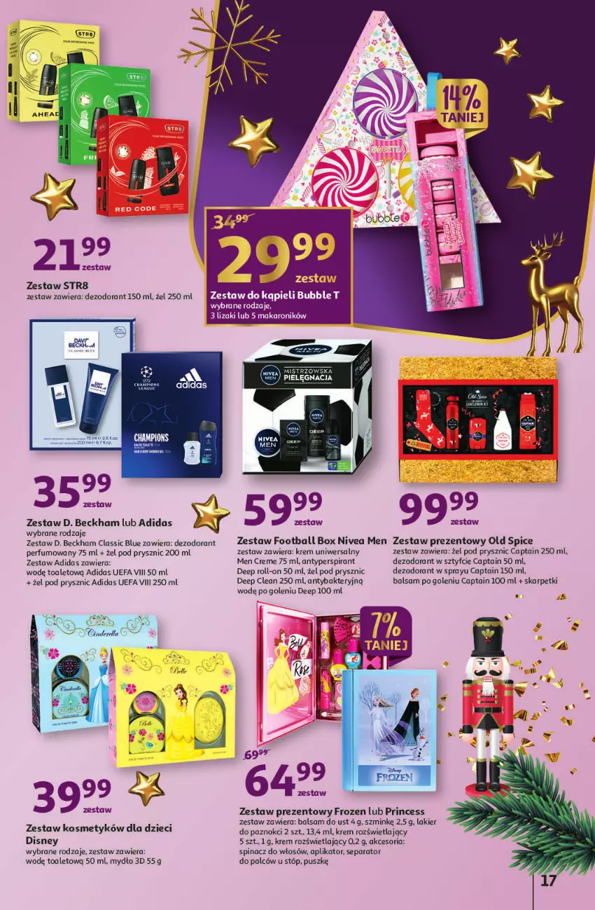 Gazetka promocyjna Auchan - Gazetka Magia Mikołajkowa Hipermarket Auchan - ważna 01.12 do 07.12.2022 - strona 17 - produkty: Adidas, Antyperspirant, Balsam do ust, Balsam po goleniu, Dezodorant, Disney, Dzieci, Fa, Frozen, Karp, Krem uniwersalny, Lakier, Lizaki, Makaron, Mydło, Nivea, Nivea Men, Old Spice, Perfum, Skarpetki, Str8, Zestaw prezentowy