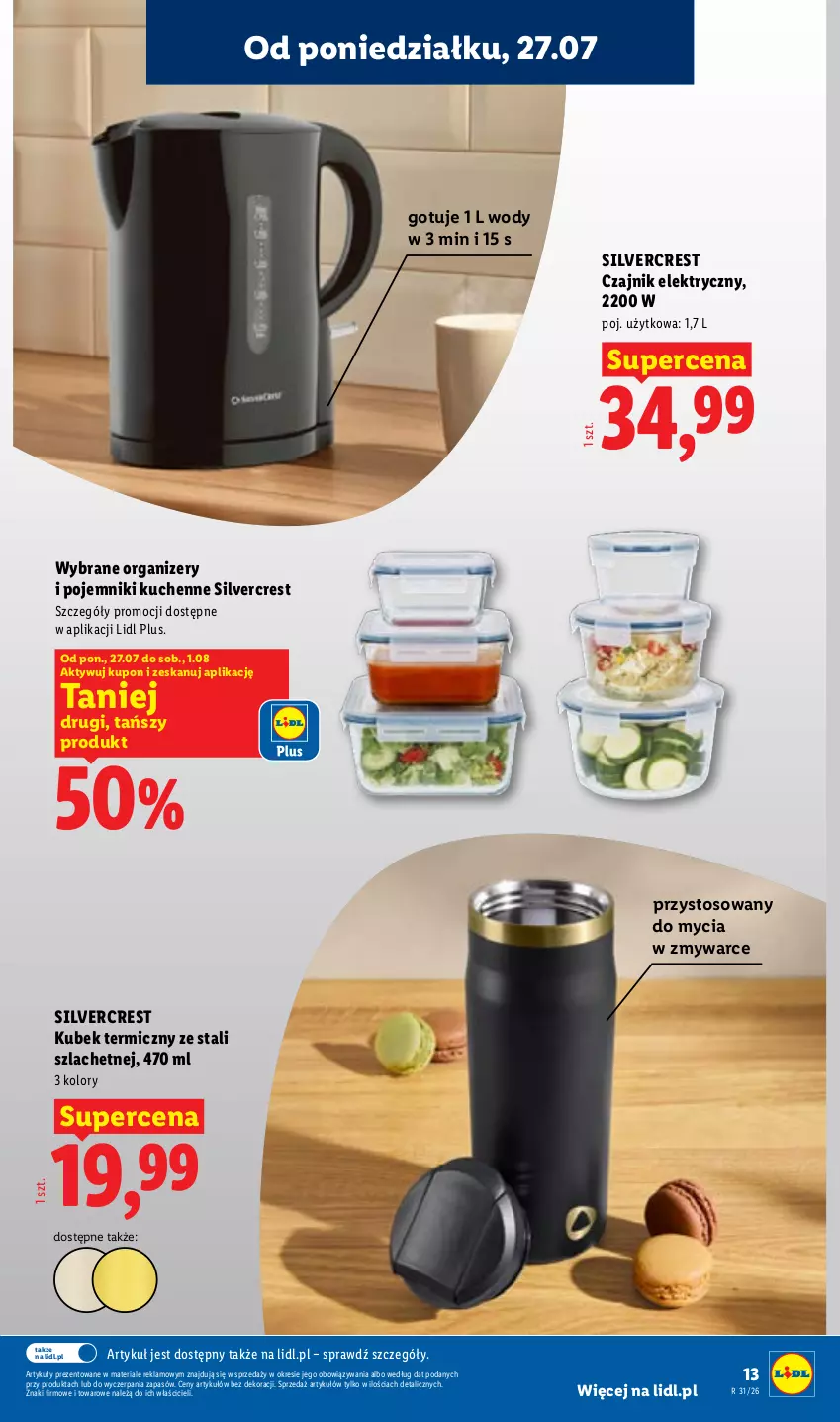 Gazetka promocyjna Lidl - Gazetka ważna od 27.07. do 01.08. - ważna 27.07 do 01.08.2026 - strona 13 - produkty: Czajnik, Czajnik elektryczny, Kubek, Kubek termiczny, Organizer, Pojemnik, Silvercrest
