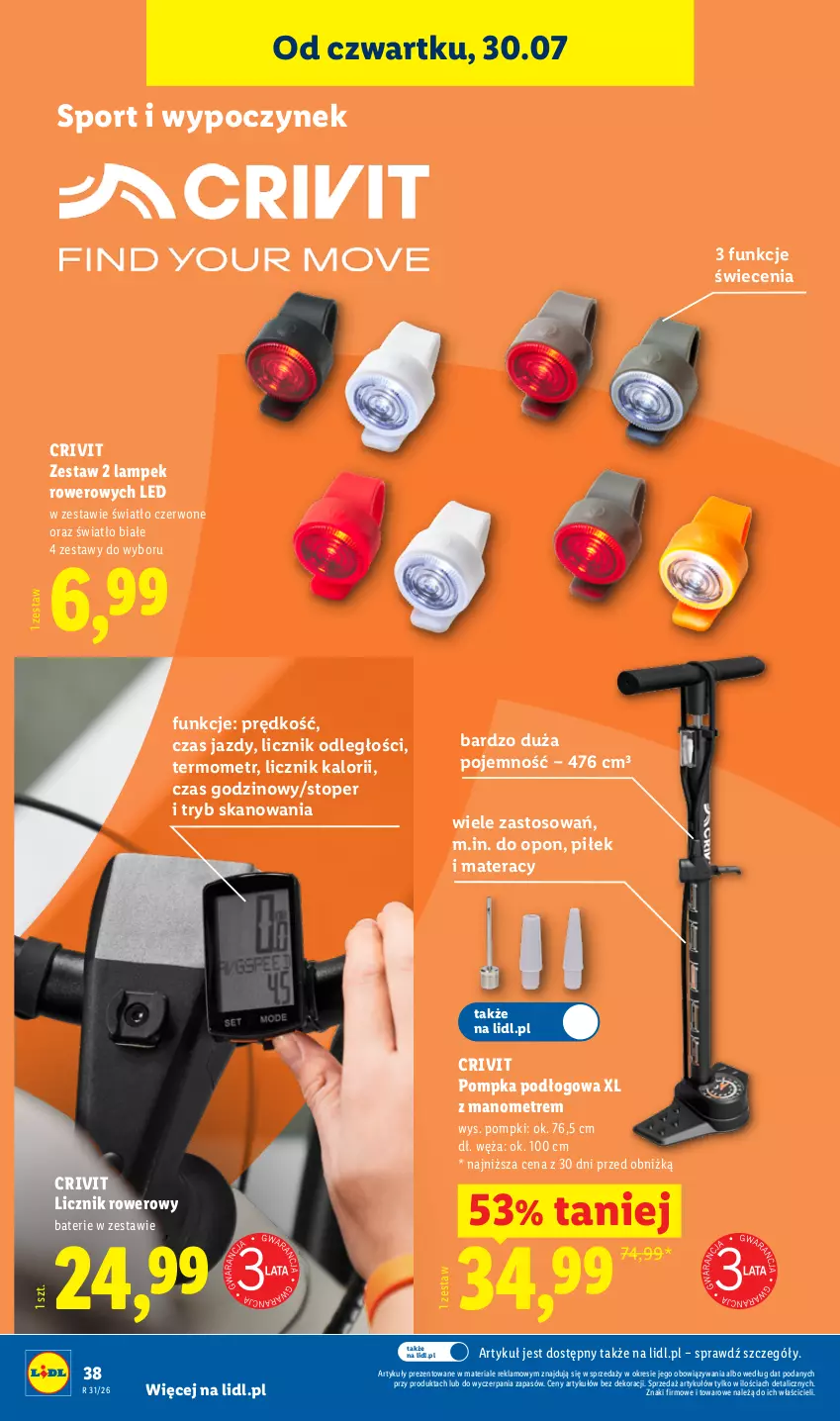 Gazetka promocyjna Lidl - Gazetka ważna od 27.07. do 01.08. - ważna 27.07 do 01.08.2026 - strona 44 - produkty: Materac, Pompka, Por, Rower, Sport, Tera, Termometr, Top