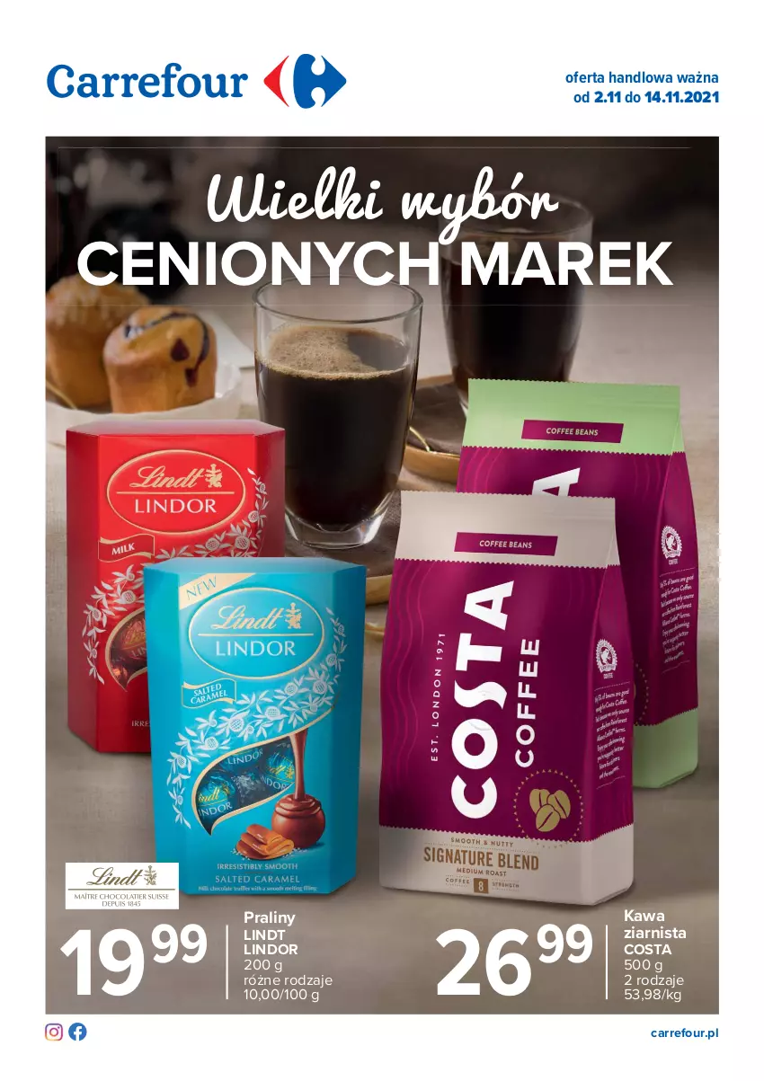 Gazetka promocyjna Carrefour - Gazetka Wielki wybór cenionych marek - ważna 02.11 do 14.11.2021 - strona 1 - produkty: Kawa, Kawa ziarnista, Lindor, Lindt, Praliny