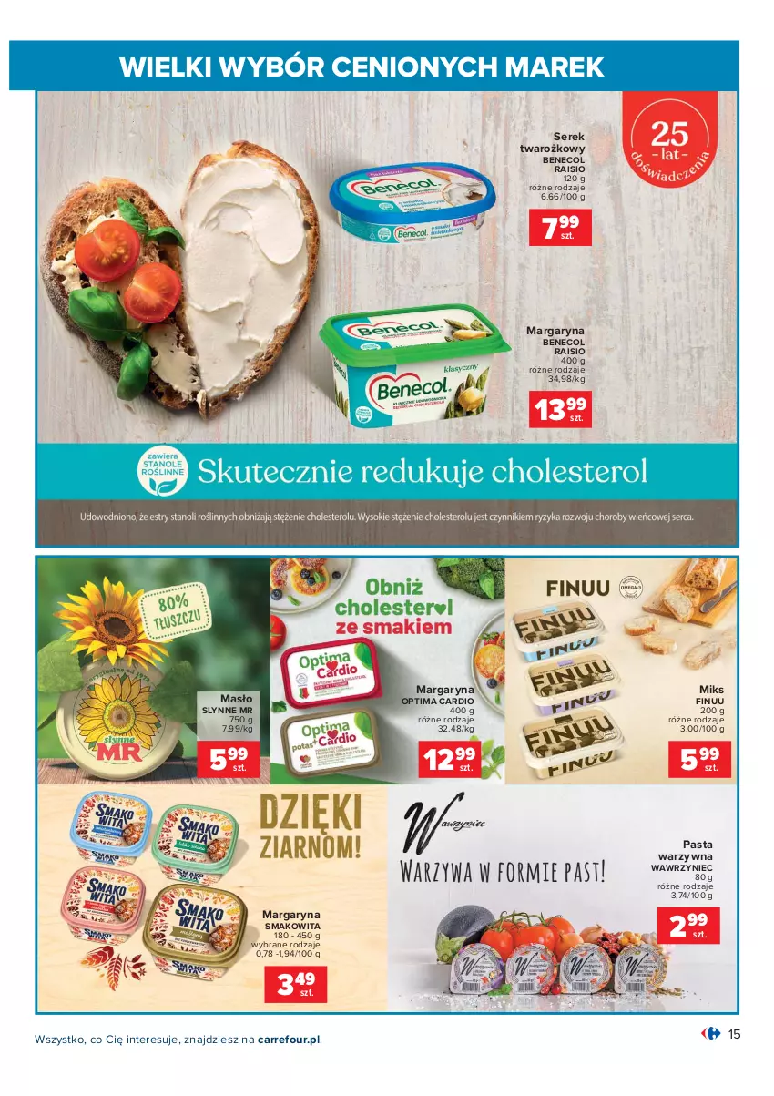 Gazetka promocyjna Carrefour - Gazetka Wielki wybór cenionych marek - ważna 02.11 do 14.11.2021 - strona 15 - produkty: Benecol, Finuu, Margaryna, Masło, Optima, Optima Cardio, Pasta warzywna, Ser, Serek, Smakowita