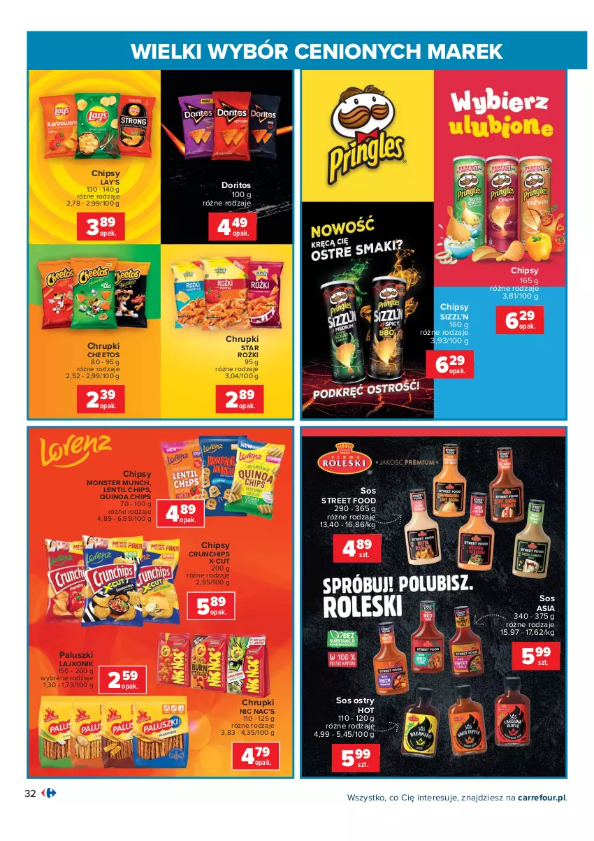 Gazetka promocyjna Carrefour - Gazetka Wielki wybór cenionych marek - ważna 02.11 do 14.11.2021 - strona 32 - produkty: Cheetos, Chipsy, Chrupki, Crunchips, Lajkonik, Lay’s, Monster Munch, Quinoa, Sos