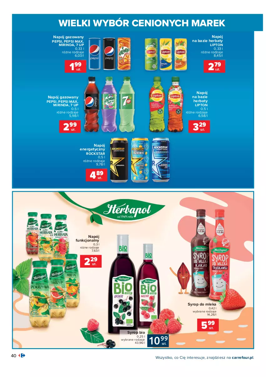 Gazetka promocyjna Carrefour - Gazetka Wielki wybór cenionych marek - ważna 02.11 do 14.11.2021 - strona 40 - produkty: Lipton, Mirinda, Napój, Napój energetyczny, Napój gazowany, Pepsi, Pepsi max, Syrop