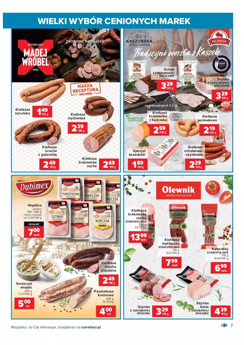 Gazetka promocyjna Carrefour - Gazetka Wielki wybór cenionych marek - ważna 02.11 do 14.11.2021 - strona 7 - produkty: Gala, Kabanos, Kiełbasa, Kiełbasa krakowska, Kiełbasa krucha, Kurczak, Pasztet, Piec, Schab z kaszubskiej wędzarni, Szynka, Szynka biała, Wędlina