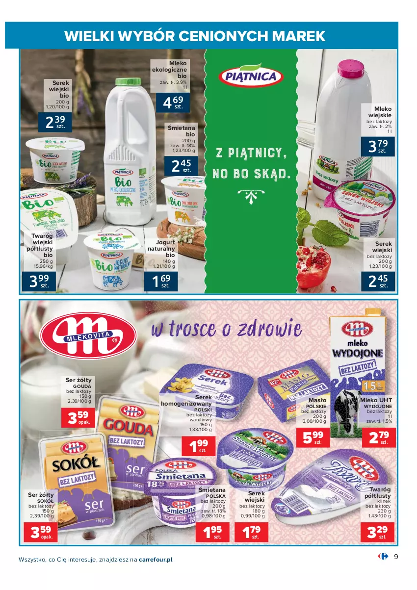 Gazetka promocyjna Carrefour - Gazetka Wielki wybór cenionych marek - ważna 02.11 do 14.11.2021 - strona 9 - produkty: Gouda, Jogurt, Jogurt naturalny, Masło, Mleko, Ser, Serek, Serek homogenizowany, Serek wiejski, Sok, Sokół, Twaróg, Twaróg półtłusty, Zdrowie