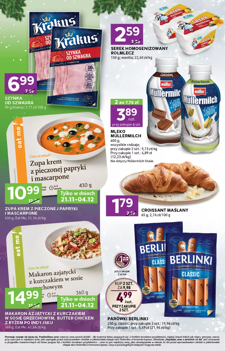 Gazetka promocyjna Stokrotka - Stokrotka Express - ważna 21.11 do 27.11.2024 - strona 2 - produkty: Berlinki, Croissant, Kret, Kurczak, Makaron, Mascarpone, Mięso, Mleko, Nuty, Owoce, Parówki, Piec, Rolmlecz, Ser, Serek, Serek homogenizowany, Sos, Warzywa, Zupa