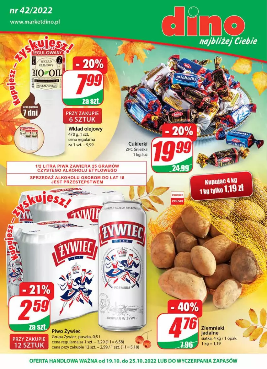 Gazetka promocyjna Dino - Gazetka - ważna 19.10 do 25.10.2022 - strona 1 - produkty: Bio-Oil, Cukier, Cukierki, JBL, Olej, Piwo, Siatka, Wkład olejowy, Ziemniaki