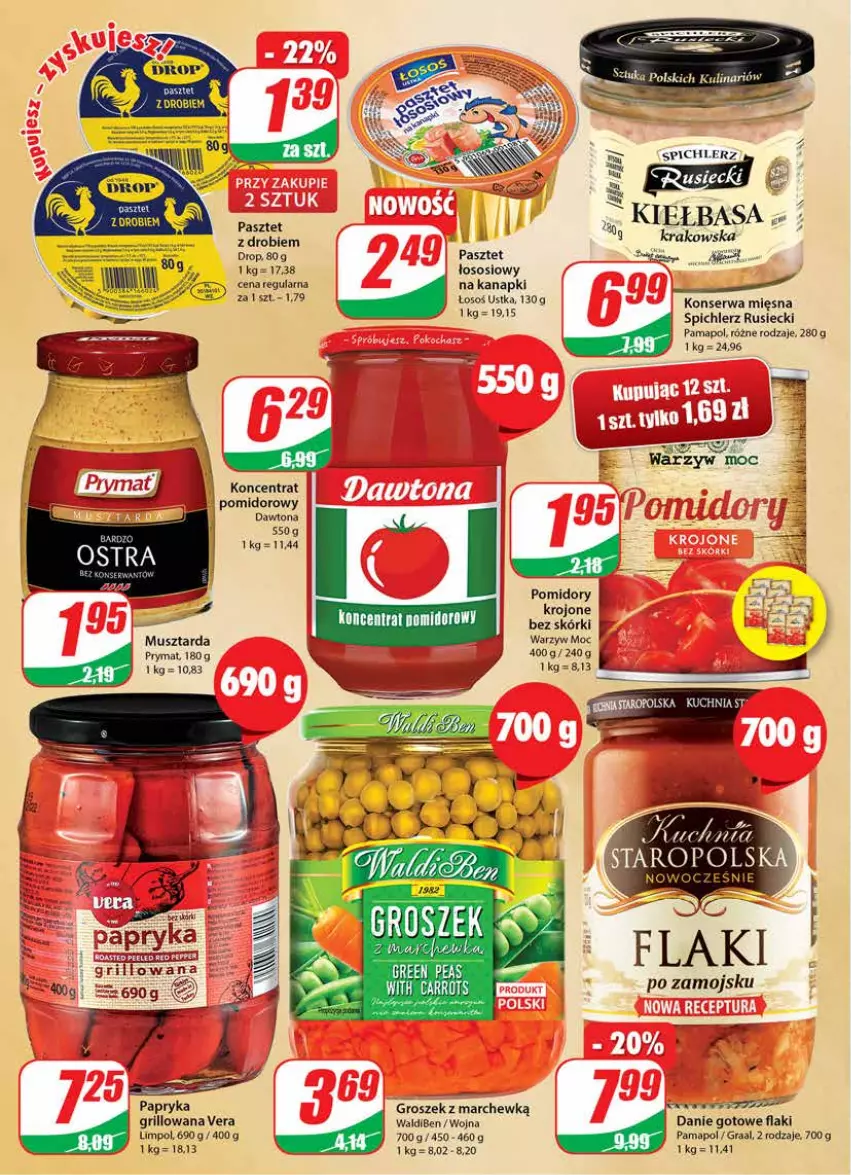 Gazetka promocyjna Dino - Gazetka - ważna 19.10 do 25.10.2022 - strona 8 - produkty: Danie gotowe, Dawtona, Flaki, Gra, Graal, Grill, Groszek, Kiełbasa, Mus, Musztarda, Papryka, Pasztet, Pomidory, Pomidory krojone, Por, Prymat, Ser, Sos, Spichlerz Rusiecki