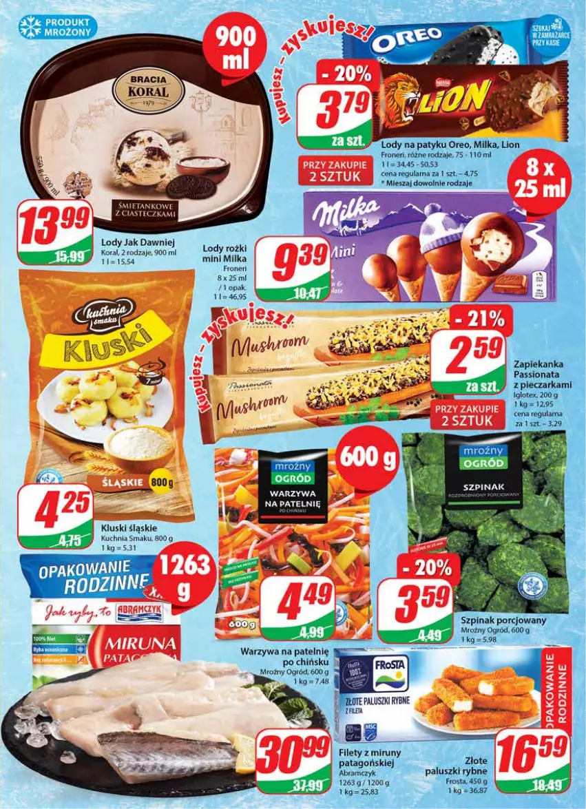 Gazetka promocyjna Dino - Gazetka - ważna 19.10 do 25.10.2022 - strona 9 - produkty: Frosta, Kuchnia, LG, Lion, Lody, Milka, Ogród, Oreo, Paluszki rybne, Piec, Pieczarka, Por, Szpinak, Tago, Warzywa, Zapiekanka