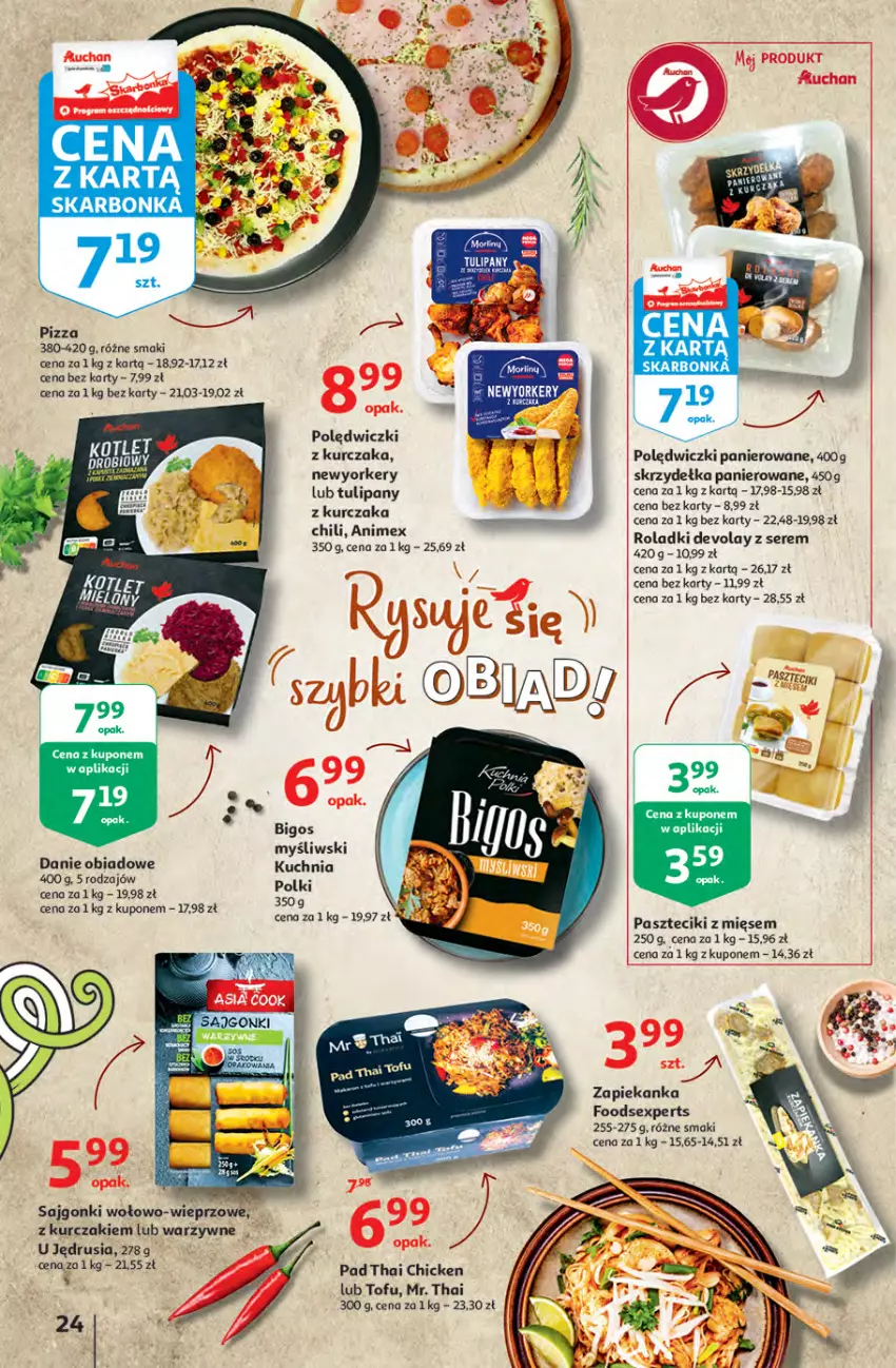 Gazetka promocyjna Auchan - Rysują się kolorowe sny Hipermarkety - ważna 19.08 do 25.08.2021 - strona 24 - produkty: Bigos, Kuchnia, Kurczak, Pizza, Polędwiczki panierowane, Por, Sajgonki, Ser, Tofu, Tulipan, Zapiekanka