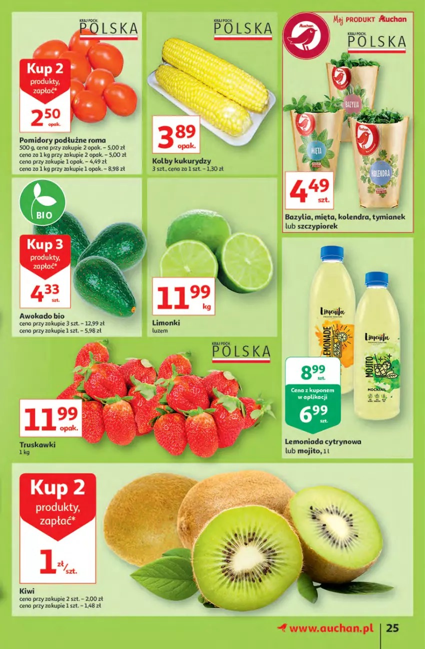 Gazetka promocyjna Auchan - Rysują się kolorowe sny Hipermarkety - ważna 19.08 do 25.08.2021 - strona 25 - produkty: Bazyl, Bazylia, Kiwi, Kolendra, Lemoniada, Mięta, Pomidory