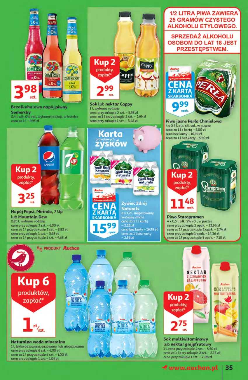 Gazetka promocyjna Auchan - Rysują się kolorowe sny Hipermarkety - ważna 19.08 do 25.08.2021 - strona 35 - produkty: Cappy, Gra, Grejpfrut, Mirinda, Napój, Nektar, Pepsi, Perła, Piwa, Piwo, Piwo jasne, Sok, Somersby, Woda, Woda mineralna