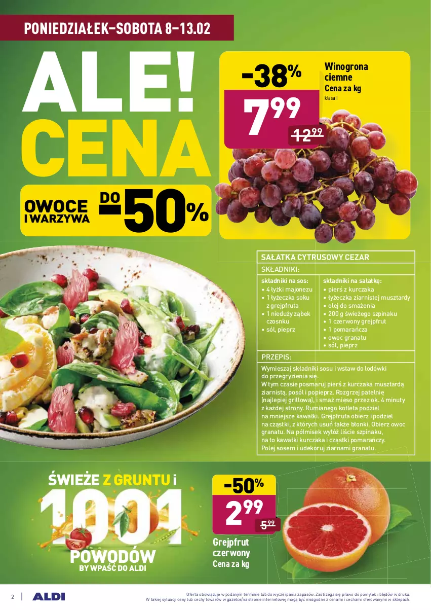 Gazetka promocyjna Aldi - ALE! CENA - ważna 08.02 do 13.02.2021 - strona 2 - produkty: Gra, Granat, Grejpfrut, Grill, Grunt, Gry, Kawa, Kotlet, Kurczak, Majonez, Mięso, Mus, Nuty, Olej, Owoce, Pieprz, Rum, Sałat, Sałatka, Sok, Sól, Sos, Szpinak, Warzywa, Wino, Winogrona