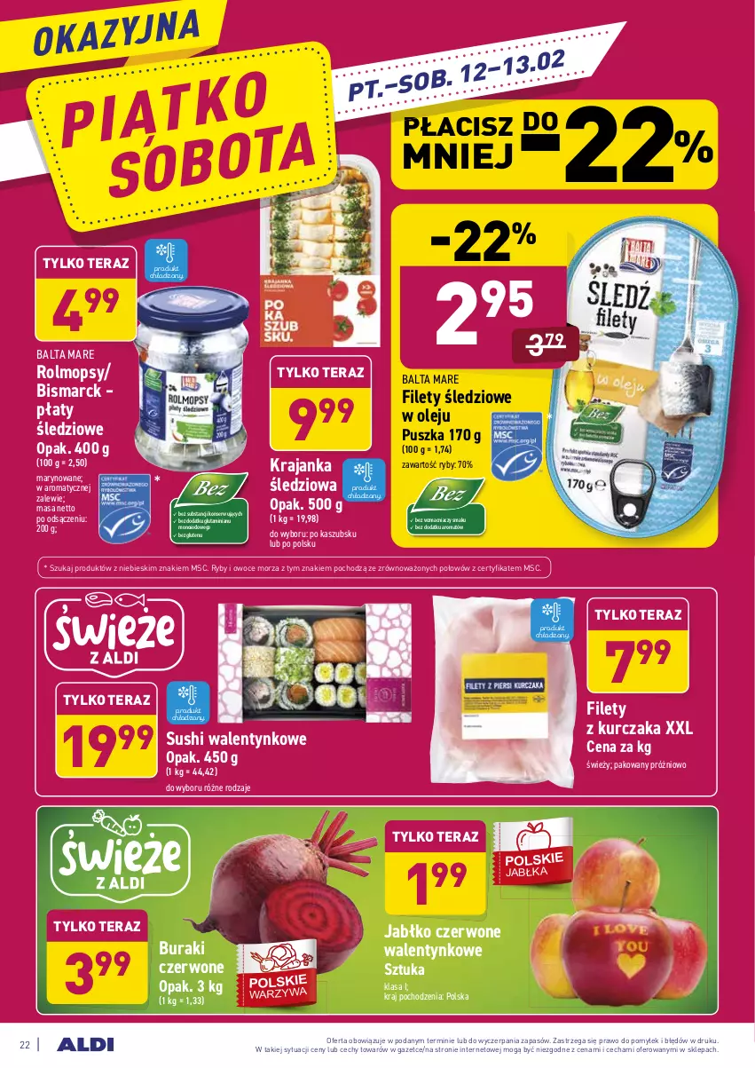 Gazetka promocyjna Aldi - ALE! CENA - ważna 08.02 do 13.02.2021 - strona 22 - produkty: Balta Mare, Buraki, Krajanka śledziowa, Kurczak, Mop, Olej, Owoce, Owoce morza, Płaty śledziowe, Ryby i owoce morza, Ser, Sushi, Tera