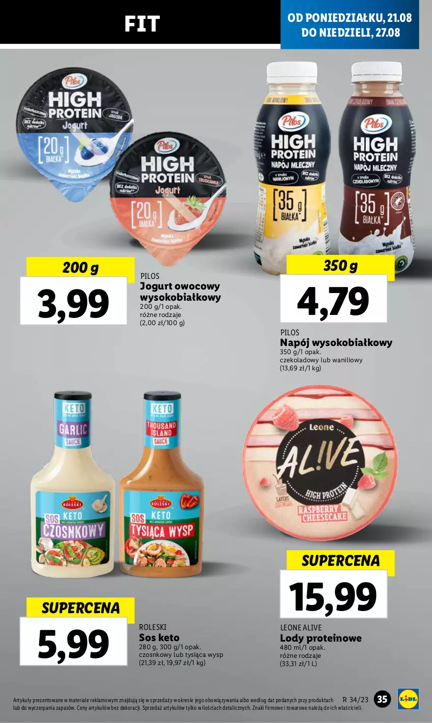 Gazetka promocyjna Lidl - GAZETKA - ważna 21.08 do 27.08.2023 - strona 41 - produkty: Jogurt, Jogurt owocowy, Leon, Lody, Napój, Pilos, Sok, Sos