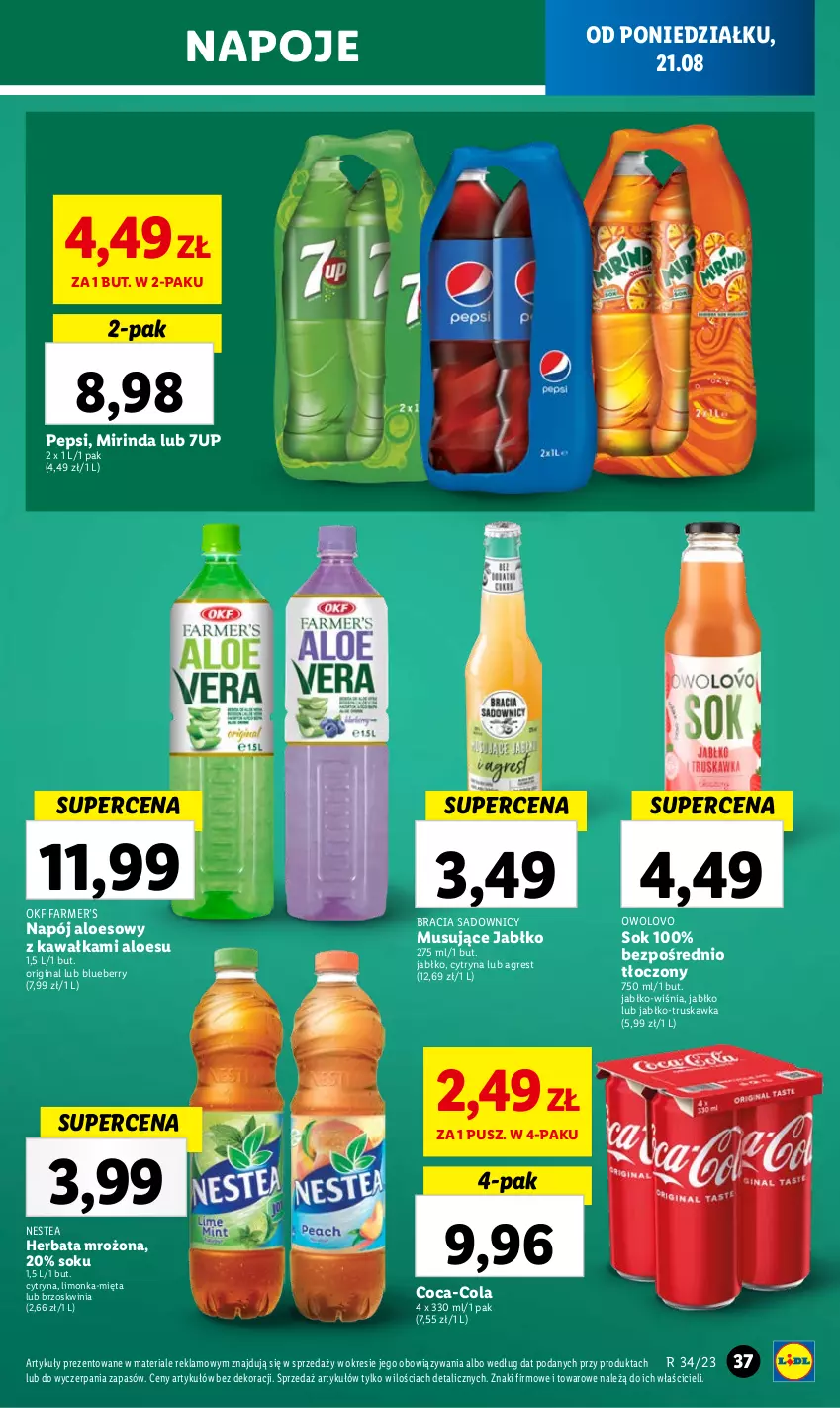 Gazetka promocyjna Lidl - GAZETKA - ważna 21.08 do 27.08.2023 - strona 43 - produkty: 7up, Coca-Cola, Fa, Gin, Gres, Herbata, Kawa, Limonka, Mięta, Mirinda, Mus, Napój, Napoje, Nestea, Pepsi, Sok