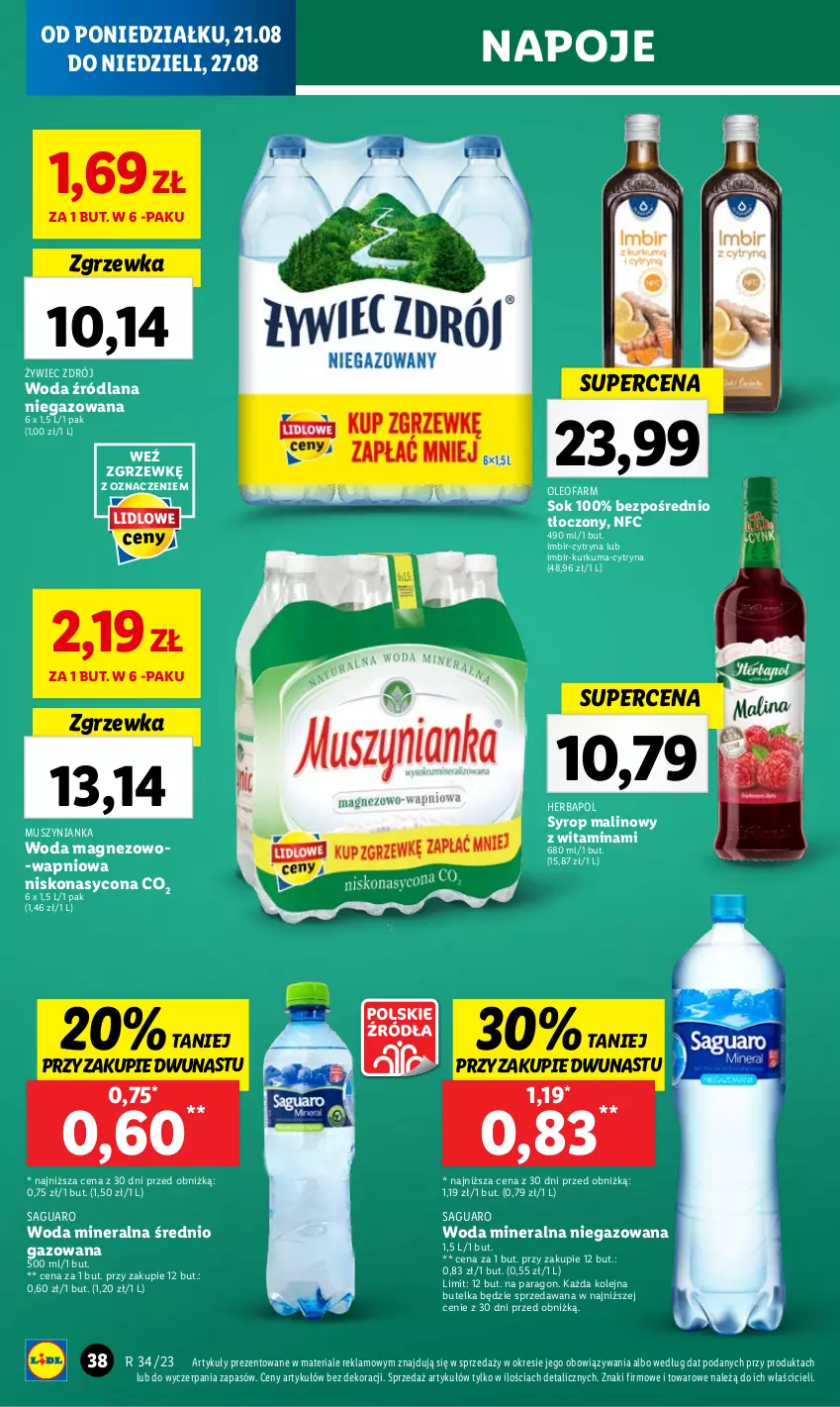 Gazetka promocyjna Lidl - GAZETKA - ważna 21.08 do 27.08.2023 - strona 44 - produkty: Fa, Herbapol, Imbir, Kurkuma, LANA, Magnez, Mus, Muszynianka, Napoje, Olej, Oleo, Oleofarm, Sok, Syrop, Woda, Woda mineralna