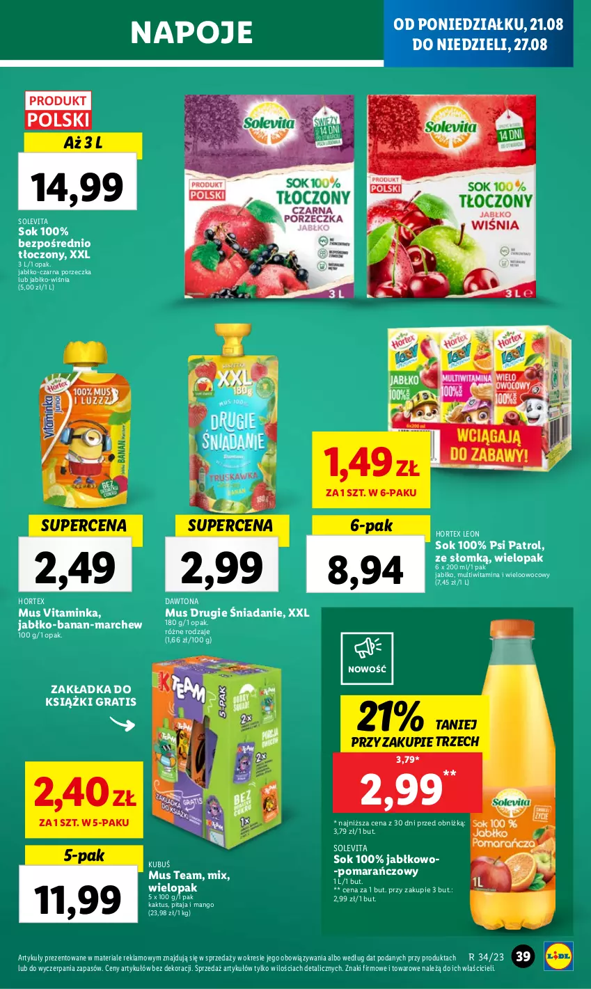 Gazetka promocyjna Lidl - GAZETKA - ważna 21.08 do 27.08.2023 - strona 45 - produkty: Dawtona, Gra, Hortex, Inka, Kaktus, Kubuś, Leon, Mango, Mus, Napoje, Por, Psi Patrol, Sok