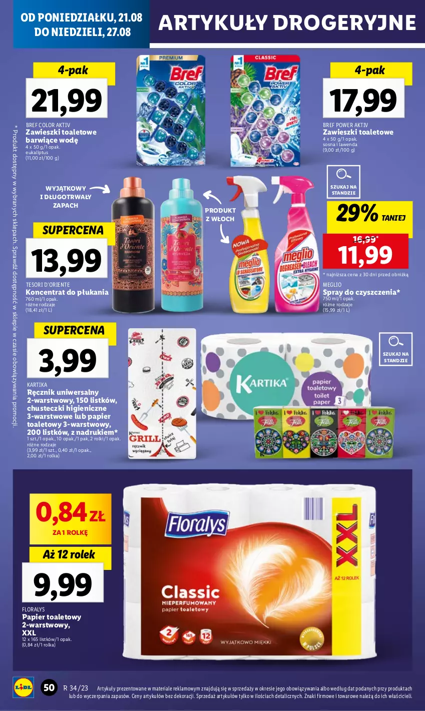 Gazetka promocyjna Lidl - GAZETKA - ważna 21.08 do 27.08.2023 - strona 56 - produkty: Bref, Chusteczki, Flora, Papier, Papier toaletowy, Ręcznik, Rolki, Sos, Spray do czyszczenia, Zawieszki