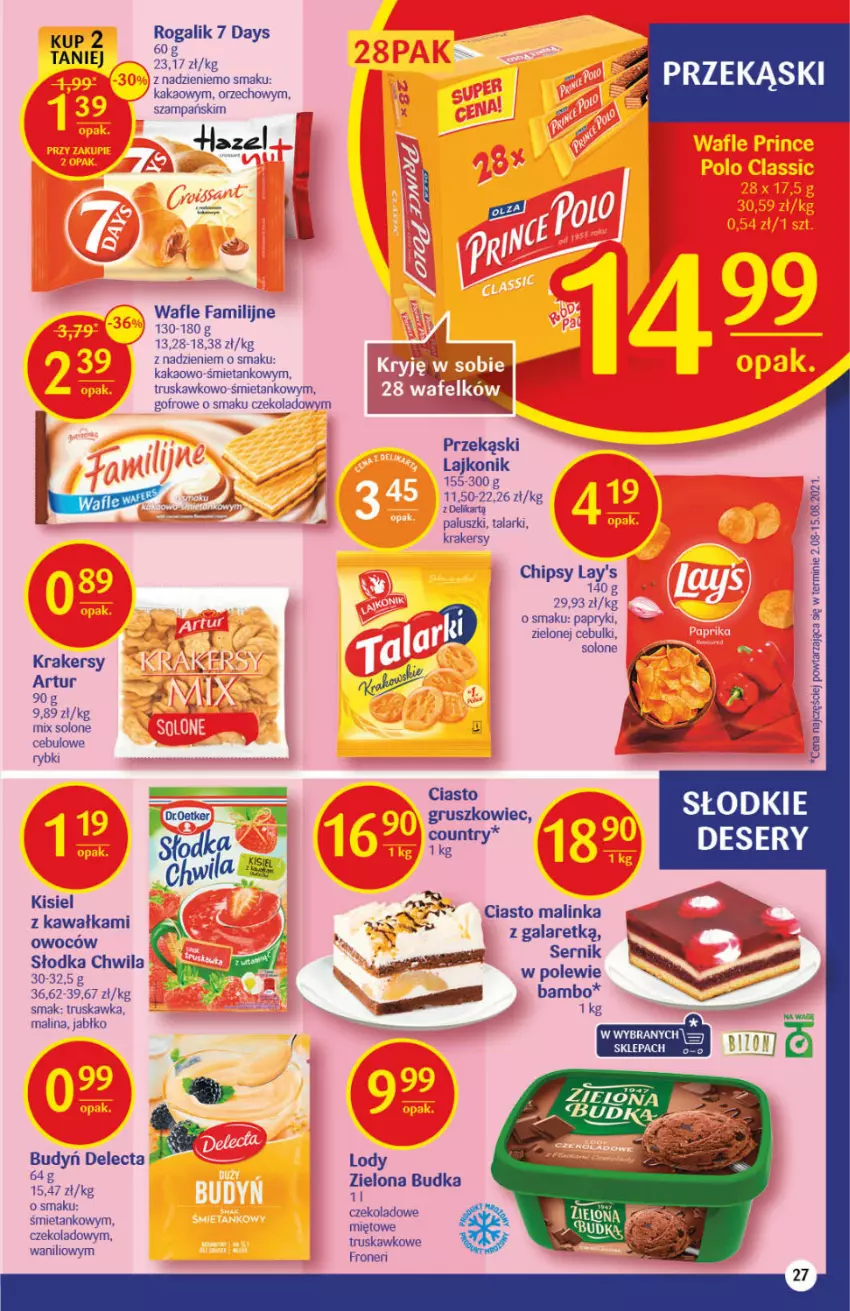 Gazetka promocyjna Delikatesy Centrum - Gazetka Delikatesy Centrum - ważna 07.10 do 13.10.2021 - strona 27 - produkty: 7 Days, Artur, Budyń, Chipsy, Delecta, Deser, Fa, Gala, Inka, Kakao, Kawa, Kisiel, Krakersy, Lajkonik, Lody, Rogal, Ser, Słodka Chwila, Wafle, Zielona Budka