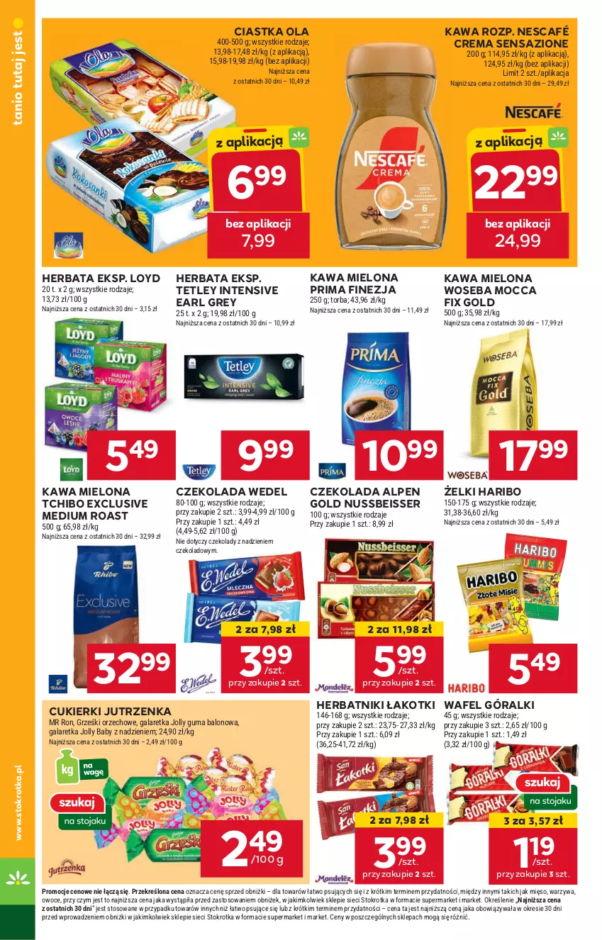 Gazetka promocyjna Stokrotka - Supermarket - ważna 13.06 do 19.06.2024 - strona 16 - produkty: Ciastka, Cukier, Cukierki, Czekolada, Earl Grey, Gala, Galaretka, Góralki, Haribo, Herbata, Herbatniki, Jutrzenka, Kawa, Kawa mielona, Loyd, Mięso, Mocca Fix Gold, Nescafé, Owoce, Prima, Ser, Tchibo, Tetley, Torba, Warzywa, Woseba