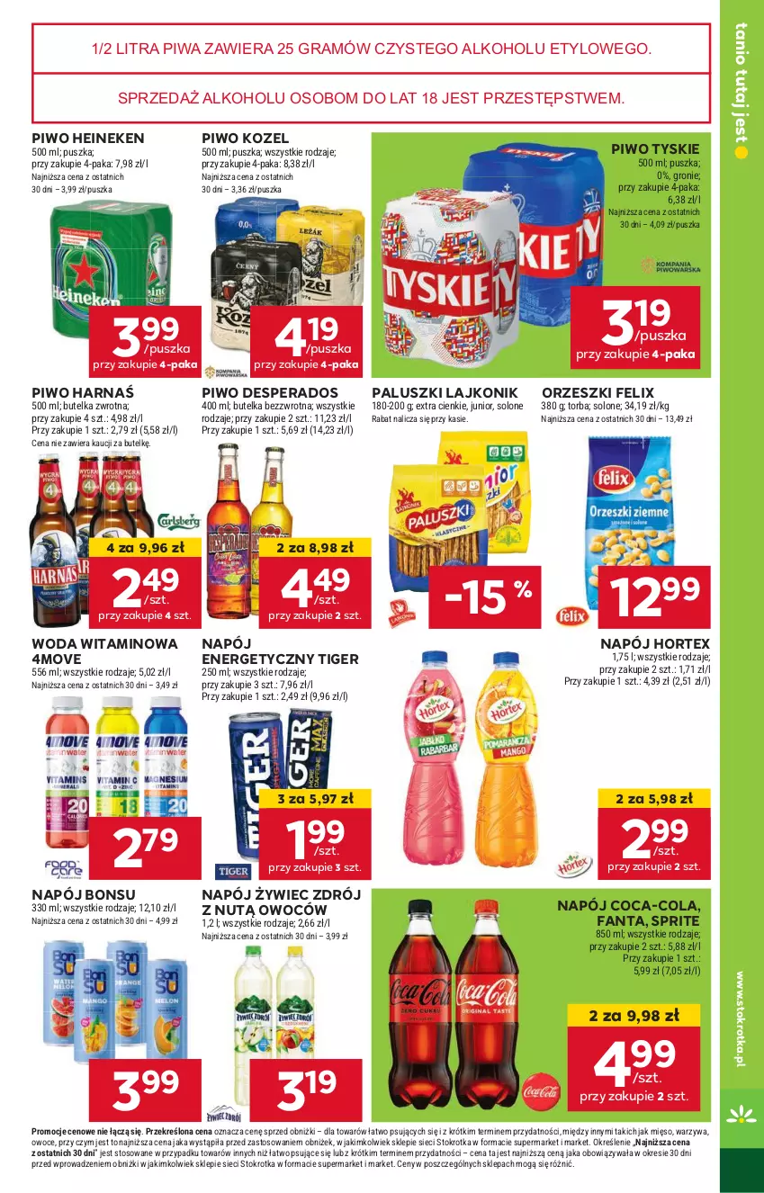 Gazetka promocyjna Stokrotka - Supermarket - ważna 13.06 do 19.06.2024 - strona 19 - produkty: Coca-Cola, Desperados, Fa, Fanta, Felix, Gra, Harnaś, Heineken, Hortex, Kozel, Lajkonik, Mięso, Napój, Napój energetyczny, Orzeszki, Owoce, Piwa, Piwo, Sprite, Tiger, Torba, Tyskie, Warzywa, Woda