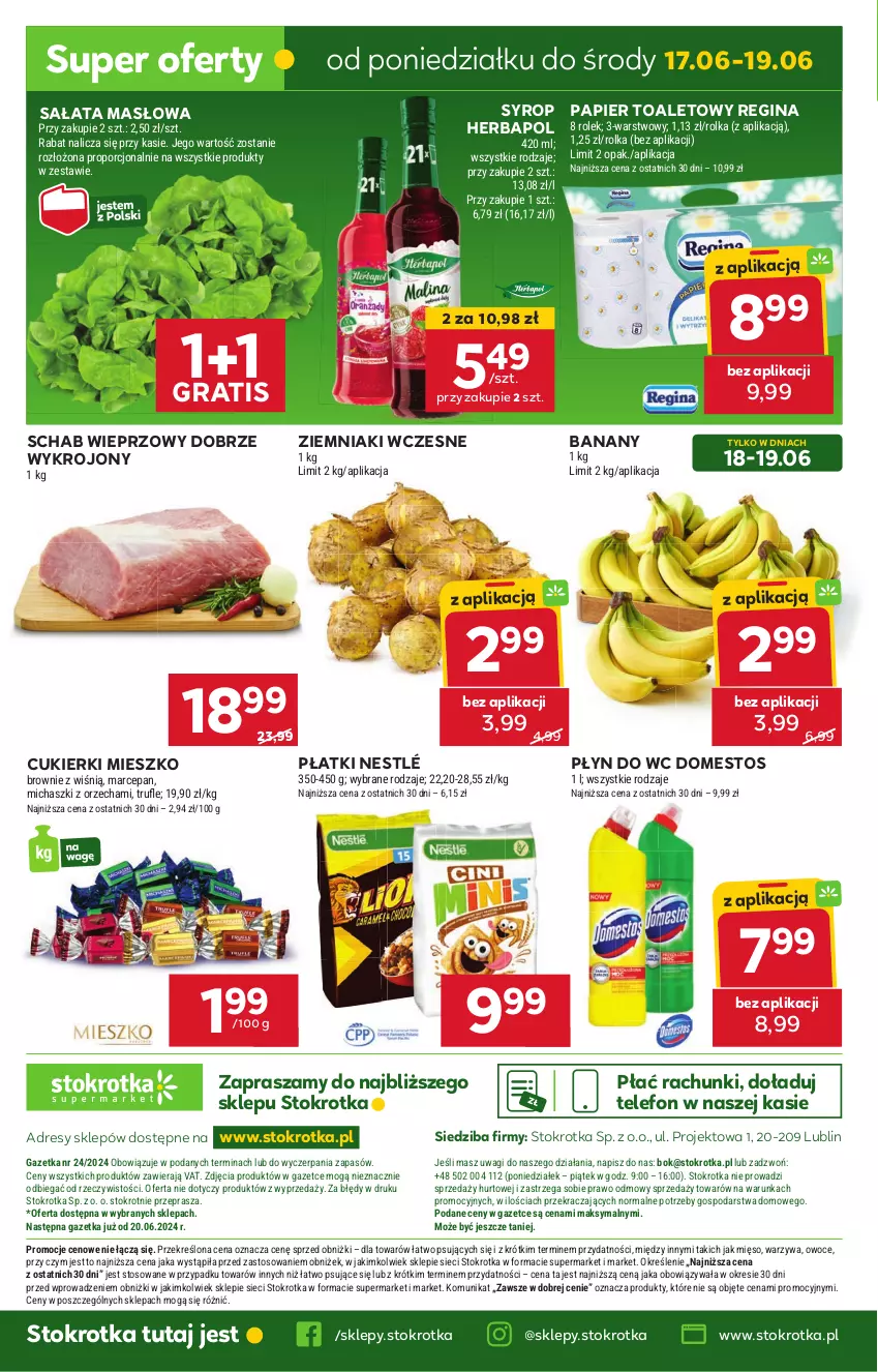 Gazetka promocyjna Stokrotka - Supermarket - ważna 13.06 do 19.06.2024 - strona 25 - produkty: Banany, Brownie, Cukier, Cukierki, Domestos, Dres, Gin, Gra, Herbapol, JBL, Masło, Mięso, Nestlé, O nas, Owoce, Papier, Papier toaletowy, Płyn do wc, Por, Sałat, Sałata masłowa, Schab wieprzowy, Syrop, Telefon, Wagi, Warzywa, Ziemniaki