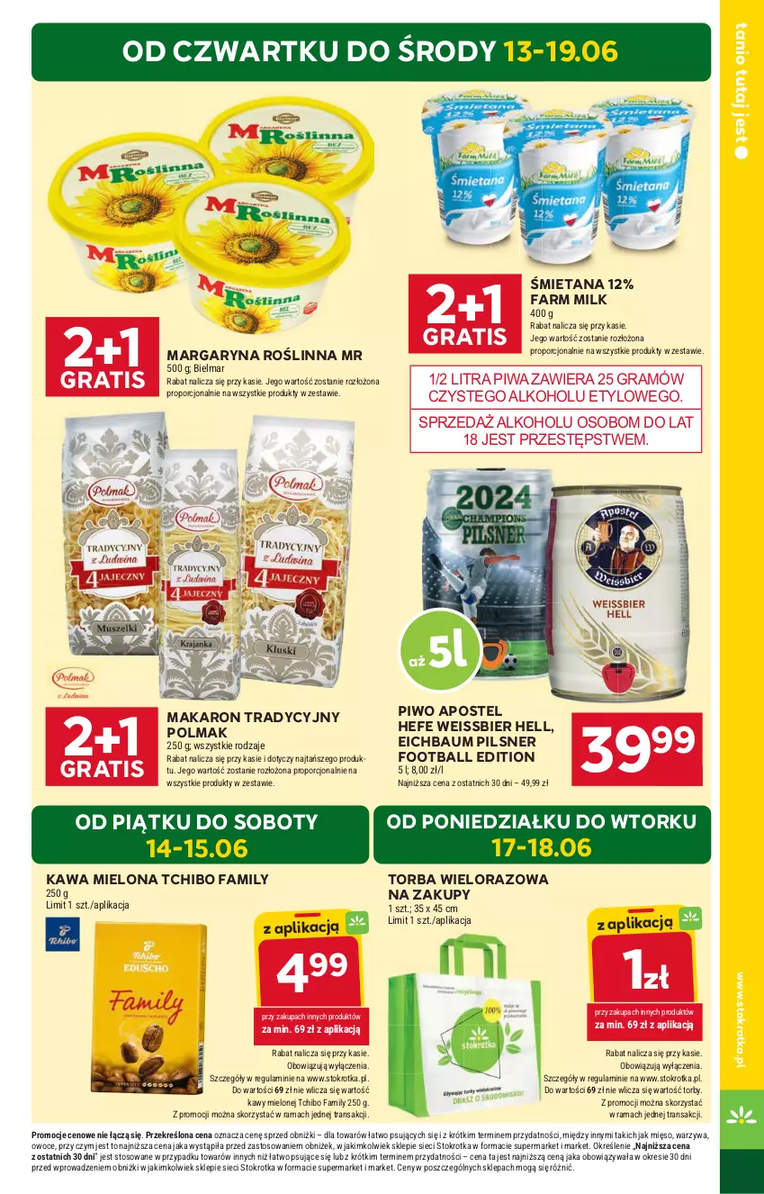 Gazetka promocyjna Stokrotka - Supermarket - ważna 13.06 do 19.06.2024 - strona 3 - produkty: Fa, Farm Milk, Gra, Kawa, Kawa mielona, Makaron, Margaryna, Mięso, Olma, Owoce, Piwa, Piwo, Por, Rama, Tchibo, Tchibo Family, Torba, Tran, Warzywa