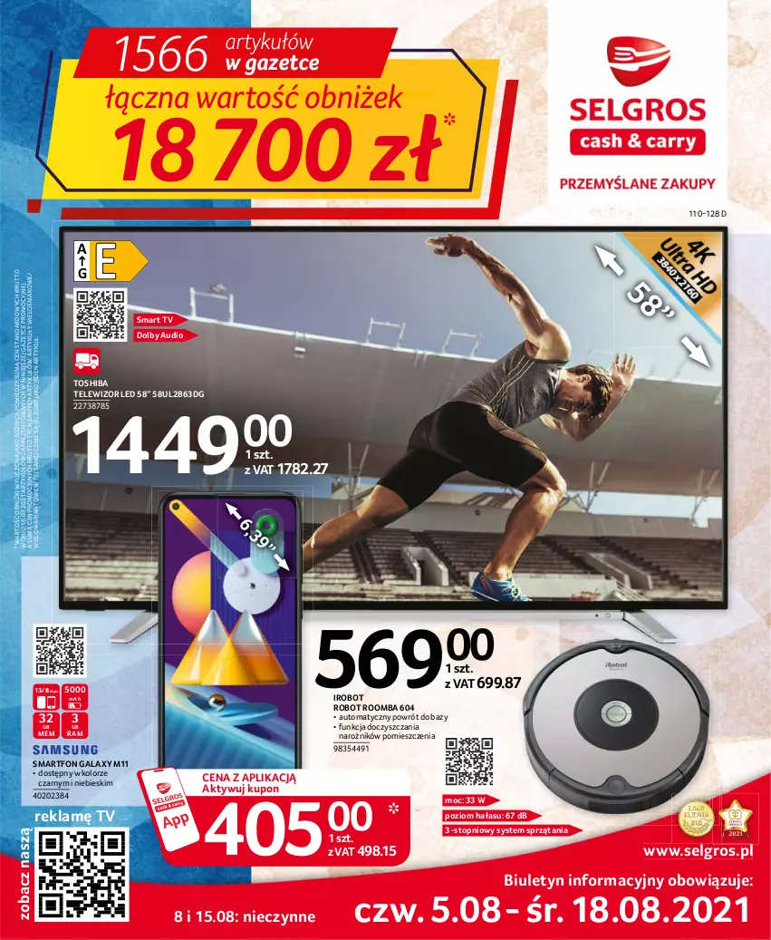 Gazetka promocyjna Selgros - Oferta przemysłowa - ważna 05.08 do 18.08.2021 - strona 1 - produkty: Gala, IRobot, LG, Narożnik, Robot, Roomba, Smart tv, Smartfon, Telewizor, Top, Toshiba