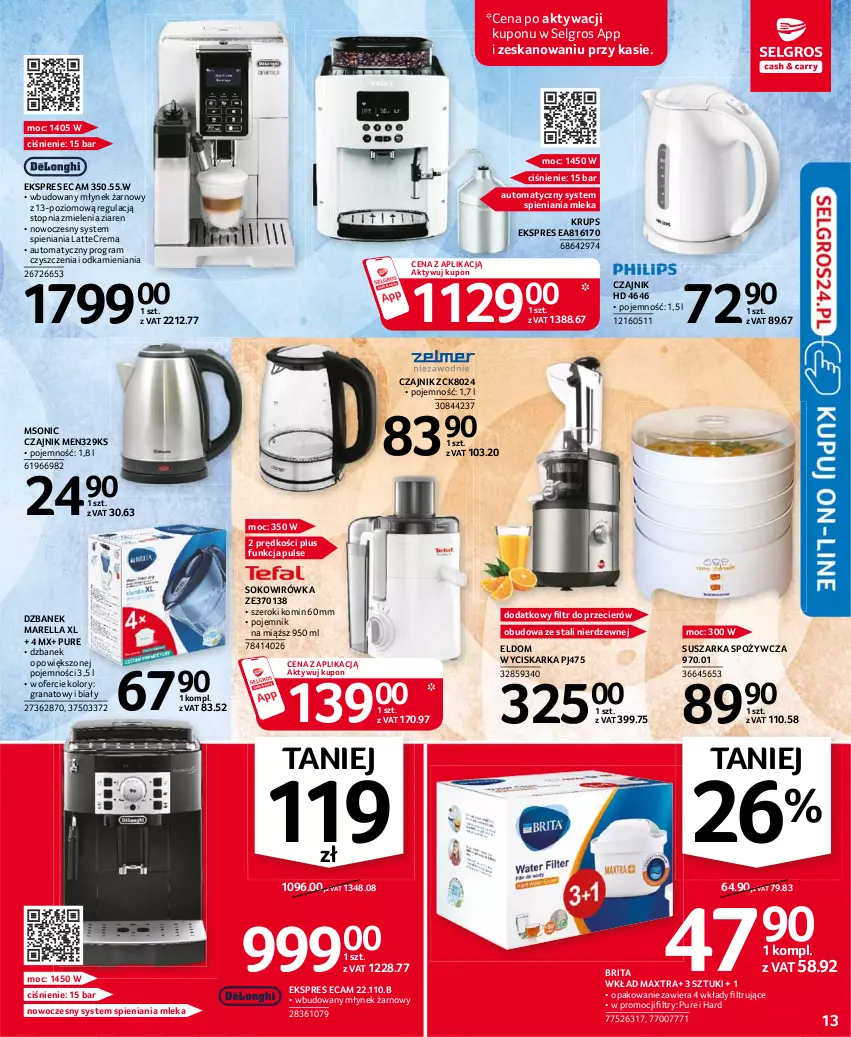 Gazetka promocyjna Selgros - Oferta przemysłowa - ważna 05.08 do 18.08.2021 - strona 13 - produkty: Brit, Brita, Czajnik, Dzbanek, Gra, Granat, Krups, LG, Młynek, Pojemnik, Pur, Sok, Suszarka, Top, Wyciskarka