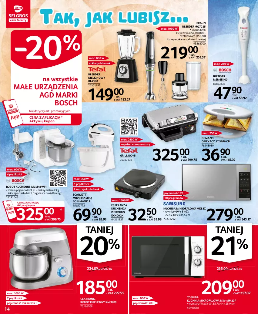 Gazetka promocyjna Selgros - Oferta przemysłowa - ważna 05.08 do 18.08.2021 - strona 14 - produkty: Blender, Bosch, Braun, Dzbanek, Fa, Gra, Grill, Kuchnia, Mikser, Mikser z misą, Robot, Ser, Szatkownica, Toshiba, Trzepaczka