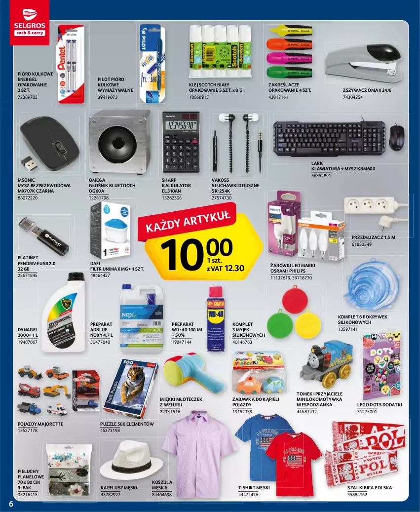 Gazetka promocyjna Selgros - Oferta przemysłowa - ważna 05.08 do 18.08.2021 - strona 6 - produkty: BIC, Głośnik, Głośnik bluetooth, Klawiatura, Klej, Kosz, Koszula, LEGO, Młot, Mysz, Mysz bezprzewodowa, Pendrive, Philips, Pieluchy, PLATINET, Pojazd, Puzzle, Sharp, Słuchawki, Szal, T-shirt, WD-40, Zabawka