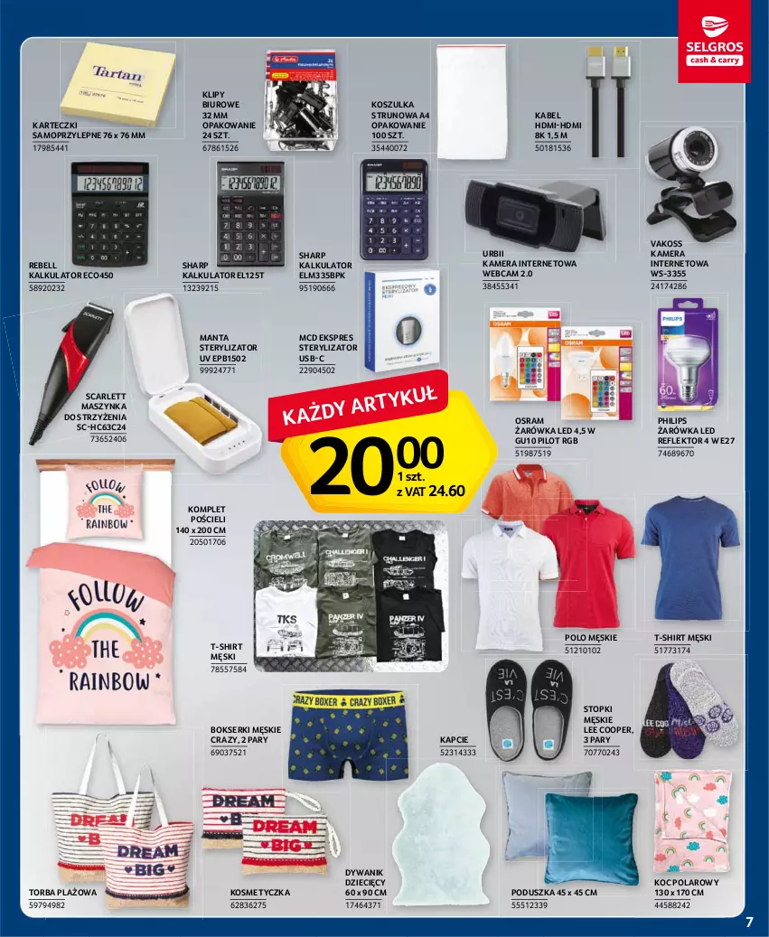 Gazetka promocyjna Selgros - Oferta przemysłowa - ważna 05.08 do 18.08.2021 - strona 7 - produkty: Bell, Biuro, Bokserki, Dywan, Dywanik, Dzieci, Kamera, Kamera internetowa, Kapcie, Karteczki samoprzylepne, Koc, Komplet pościeli, Kosmetyczka, Kosz, Koszulka, Manta, Maszynka, Mop, Philips, Poduszka, Pościel, Reflektor, Ser, Sharp, Sterylizator, Szynka, T-shirt, Top, Torba