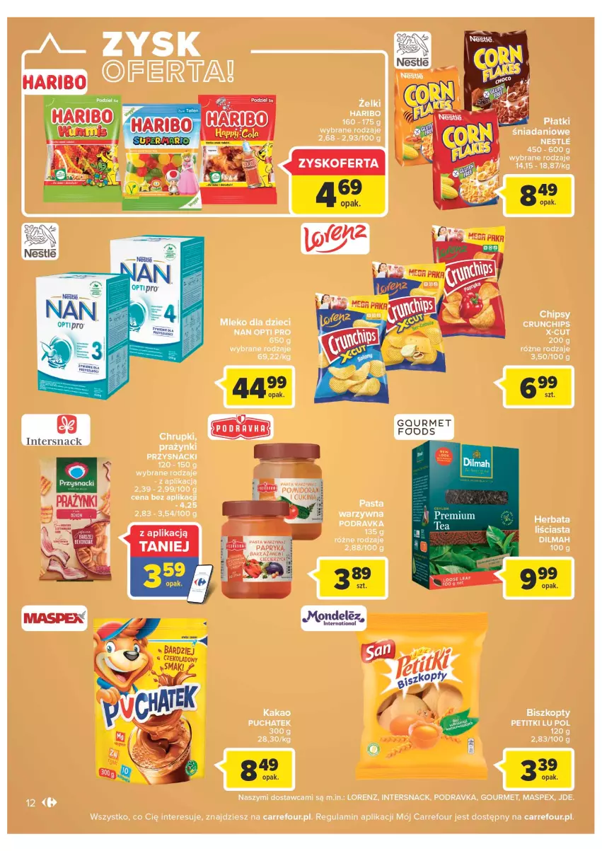 Gazetka promocyjna Carrefour - Gazetka Carrefour - ważna 13.09 do 24.09.2022 - strona 12 - produkty: Biszkopty, Chipsy, Chrupki, Crunchips, Danio, Dilmah, Dzieci, Haribo, Herbata, Kakao, Lorenz, Podravka, Przysnacki