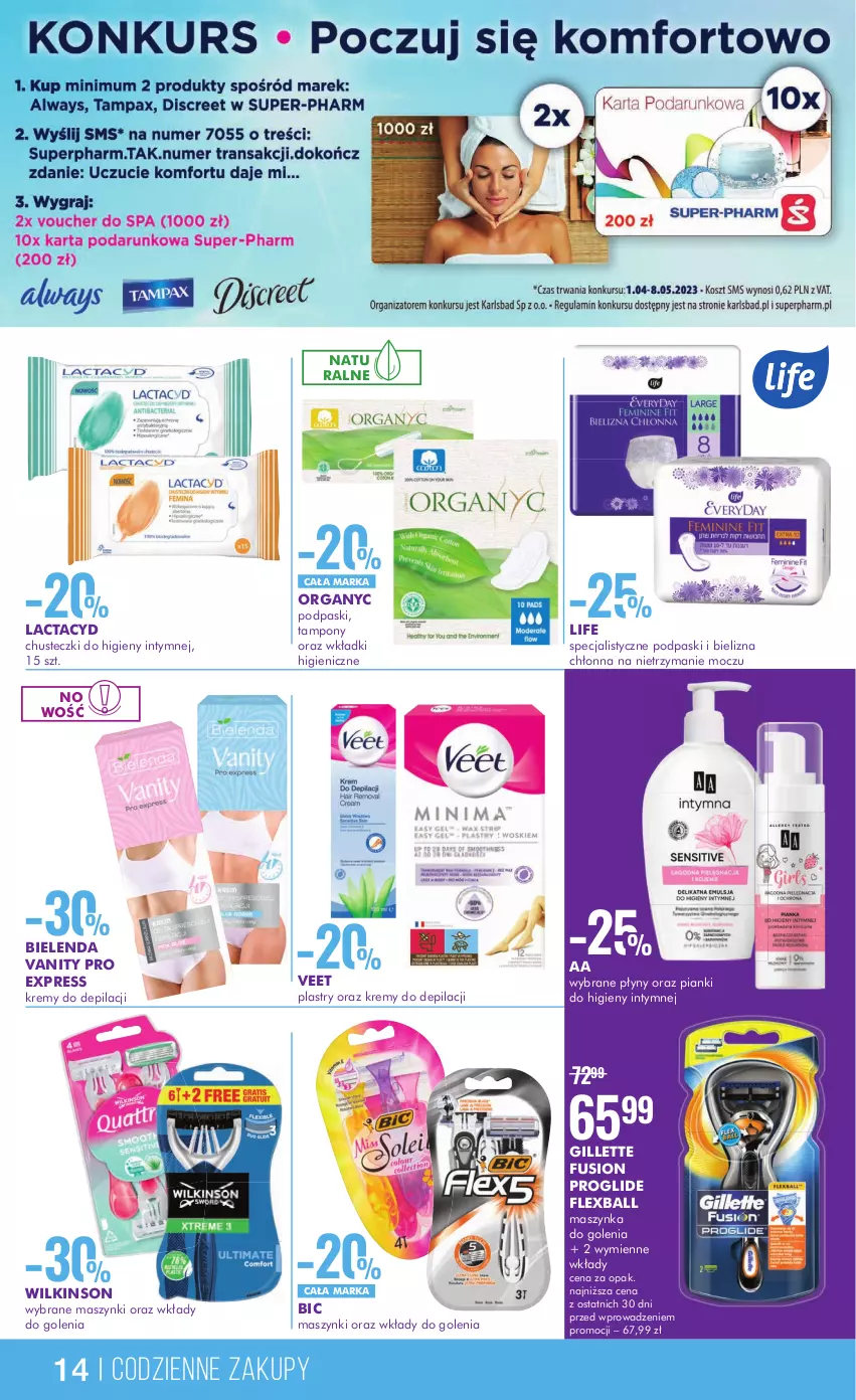 Gazetka promocyjna Super Pharm - Gazetka - ważna 01.04 do 19.04.2023 - strona 14 - produkty: BIC, Bielenda, Bielizna, Chusteczki, Chusteczki do higieny, Fusion, Gillette, Lactacyd, Maszynka, Maszynka do golenia, Podpaski, Szynka, Tampony, Veet, Wkładki