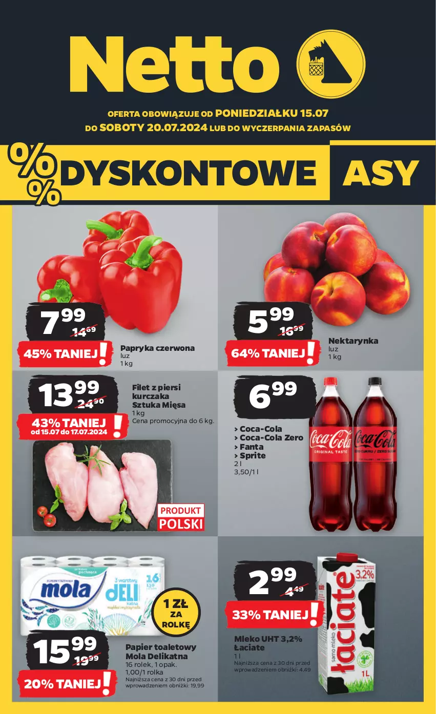 Gazetka promocyjna Netto - Artykuły spożywcze - ważna 15.07 do 20.07.2024 - strona 1 - produkty: Coca-Cola, Fa, Fanta, Filet z piersi kurczaka, Kurczak, Mleko, Mola, Nektar, Nektarynka, Papier, Papier toaletowy, Papryka, Papryka czerwona, Sprite