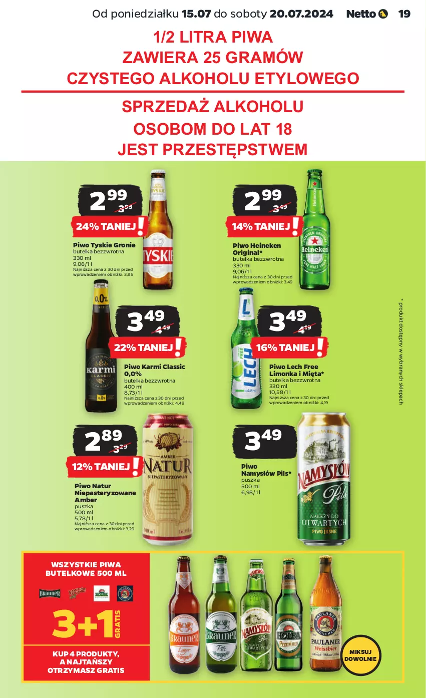 Gazetka promocyjna Netto - Artykuły spożywcze - ważna 15.07 do 20.07.2024 - strona 19 - produkty: Gin, Gra, Heineken, Karmi, Limonka, Mięta, Namysłów, Piwa, Piwo, Tyskie