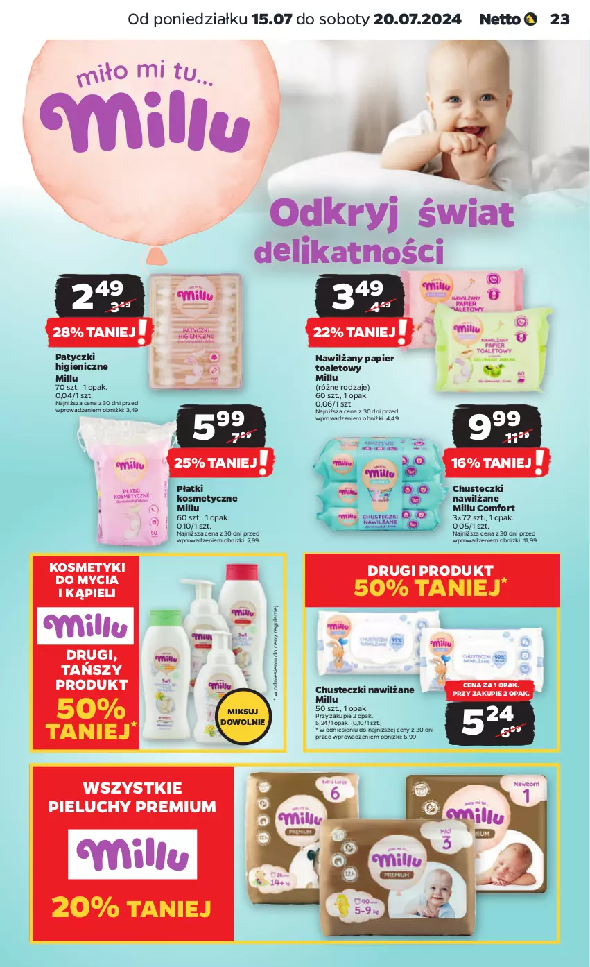 Gazetka promocyjna Netto - Artykuły spożywcze - ważna 15.07 do 20.07.2024 - strona 23 - produkty: Chusteczki, Nawilżany papier, Papier, Papier toaletowy, Pieluchy, Płatki kosmetyczne