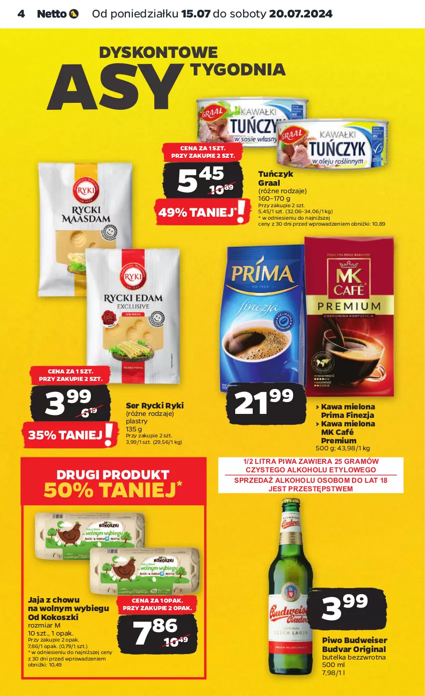 Gazetka promocyjna Netto - Artykuły spożywcze - ważna 15.07 do 20.07.2024 - strona 4 - produkty: Gin, Gra, Graal, Jaja, Kawa, Kawa mielona, Kokos, Kosz, Piwa, Piwo, Prima, Ser, Tuńczyk