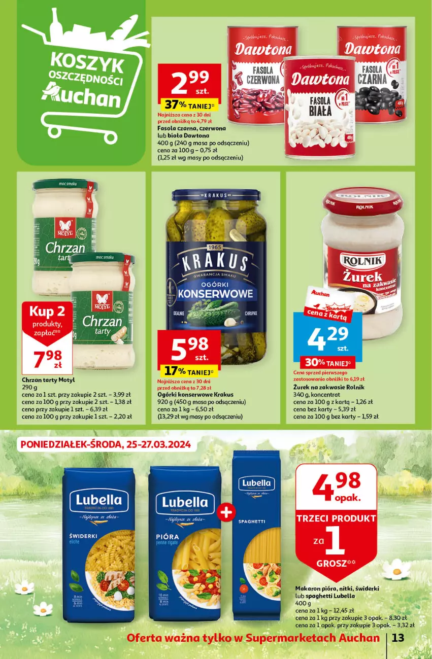 Gazetka promocyjna Auchan - Wielkanoc z najlepszej cenie! Część 2. Supermarket Auchan - ważna 21.03 do 30.03.2024 - strona 13 - produkty: Bell, Bella, Chrzan, Dawtona, Fa, Fasola, Krakus, Lubella, Makaron, Ogórki konserwowe, Rolnik, Ser, Spaghetti